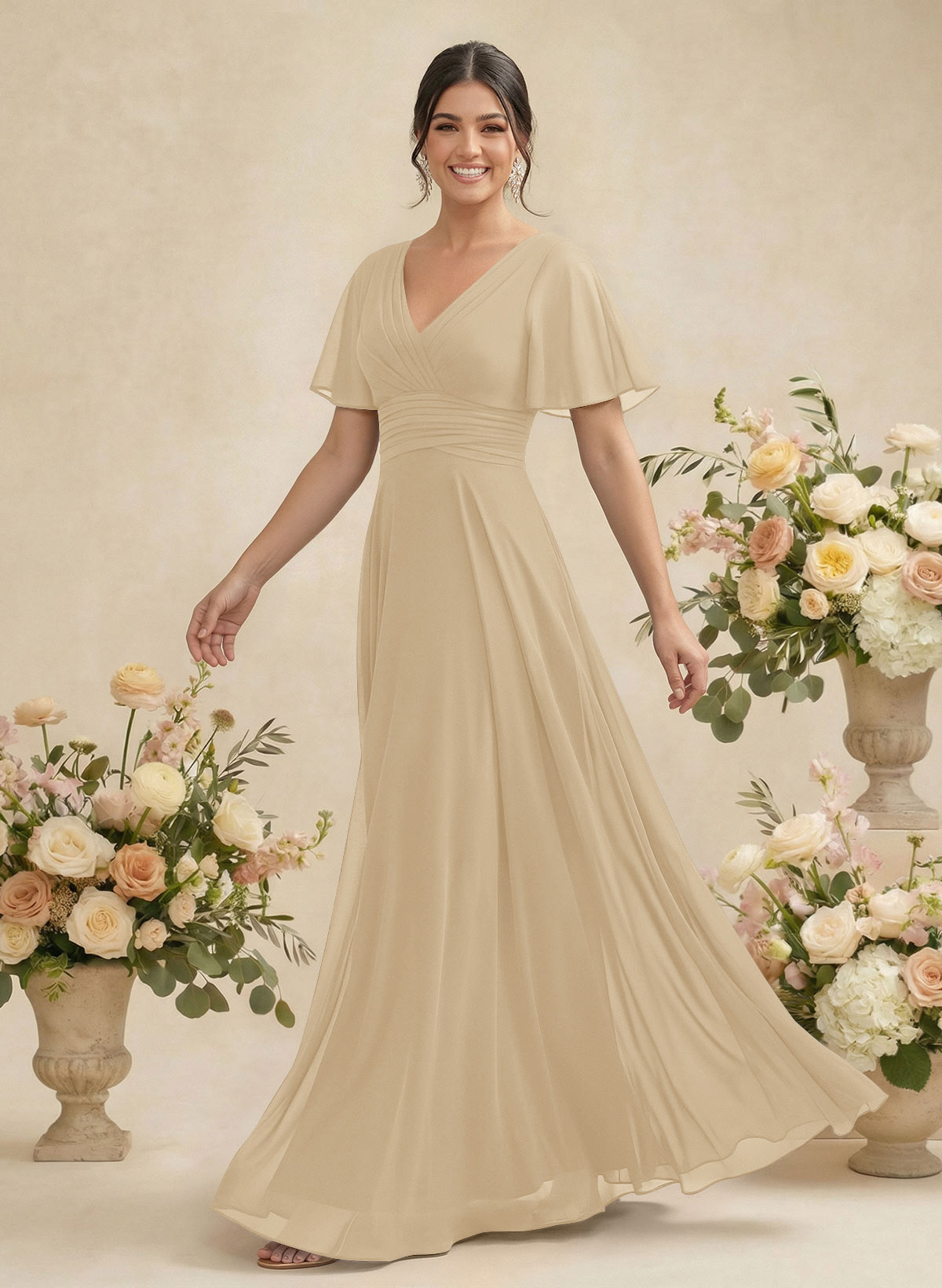 V-Neck Chiffon Bridesmaid Dresses With Short Sleeves, product image 191