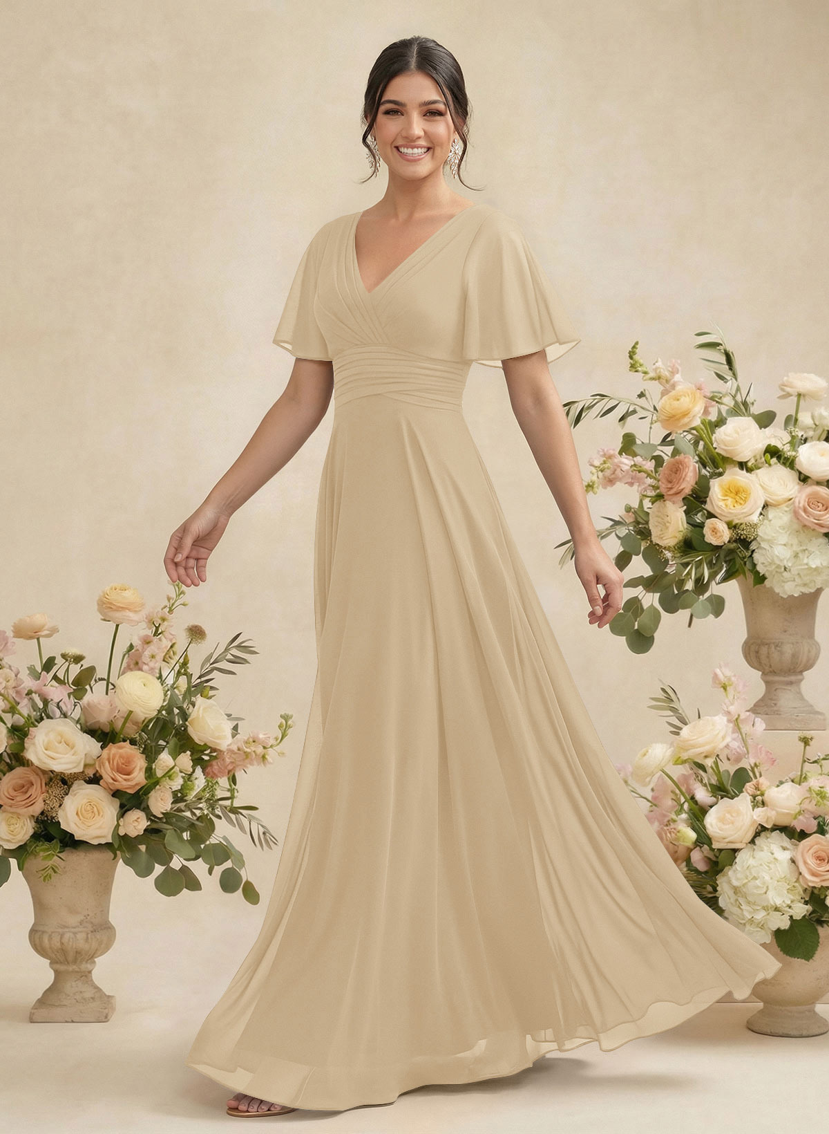 V-Neck Chiffon Bridesmaid Dresses With Short Sleeves, product image 191