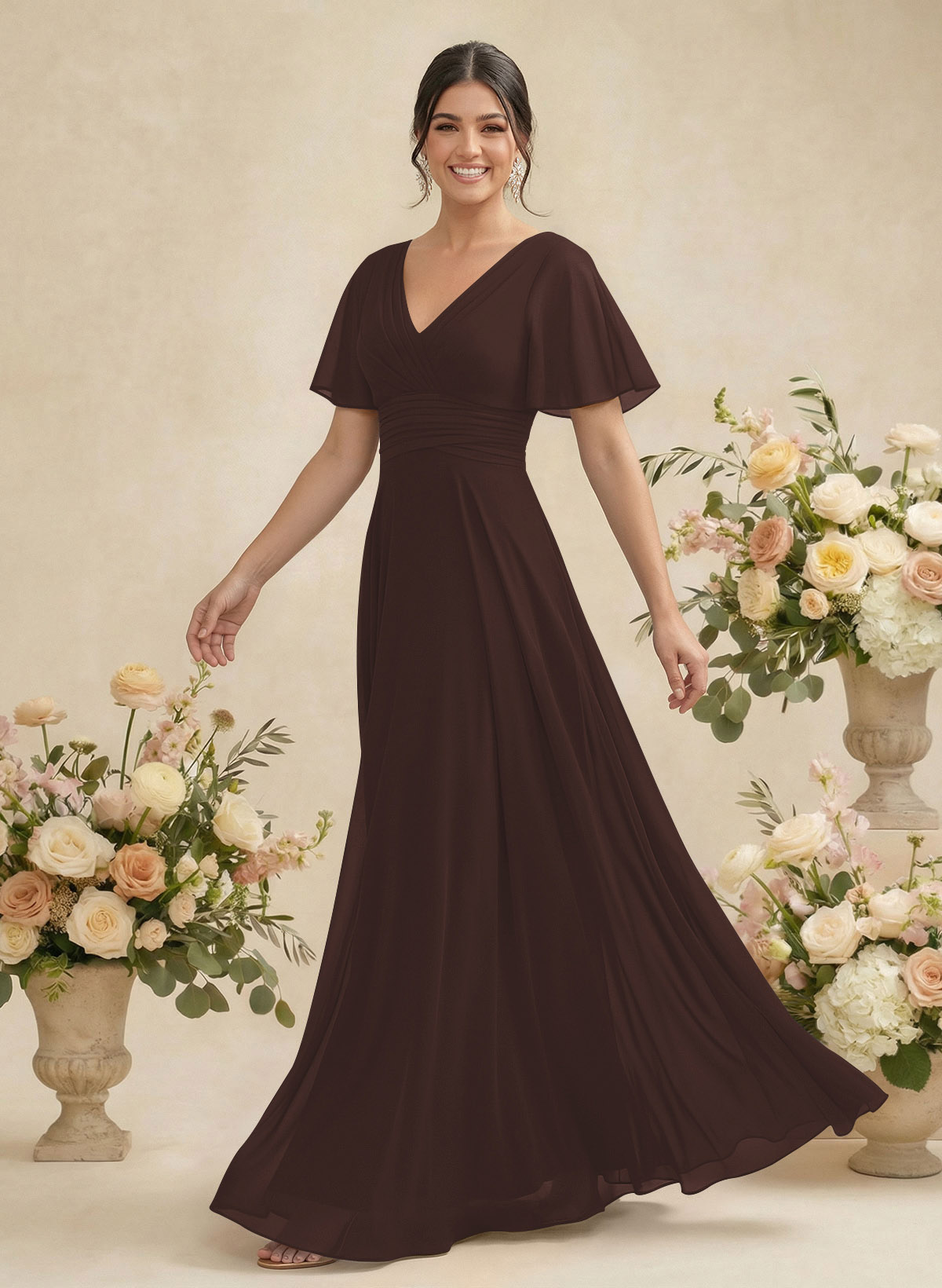 V-Neck Chiffon Bridesmaid Dresses With Short Sleeves, product image 215