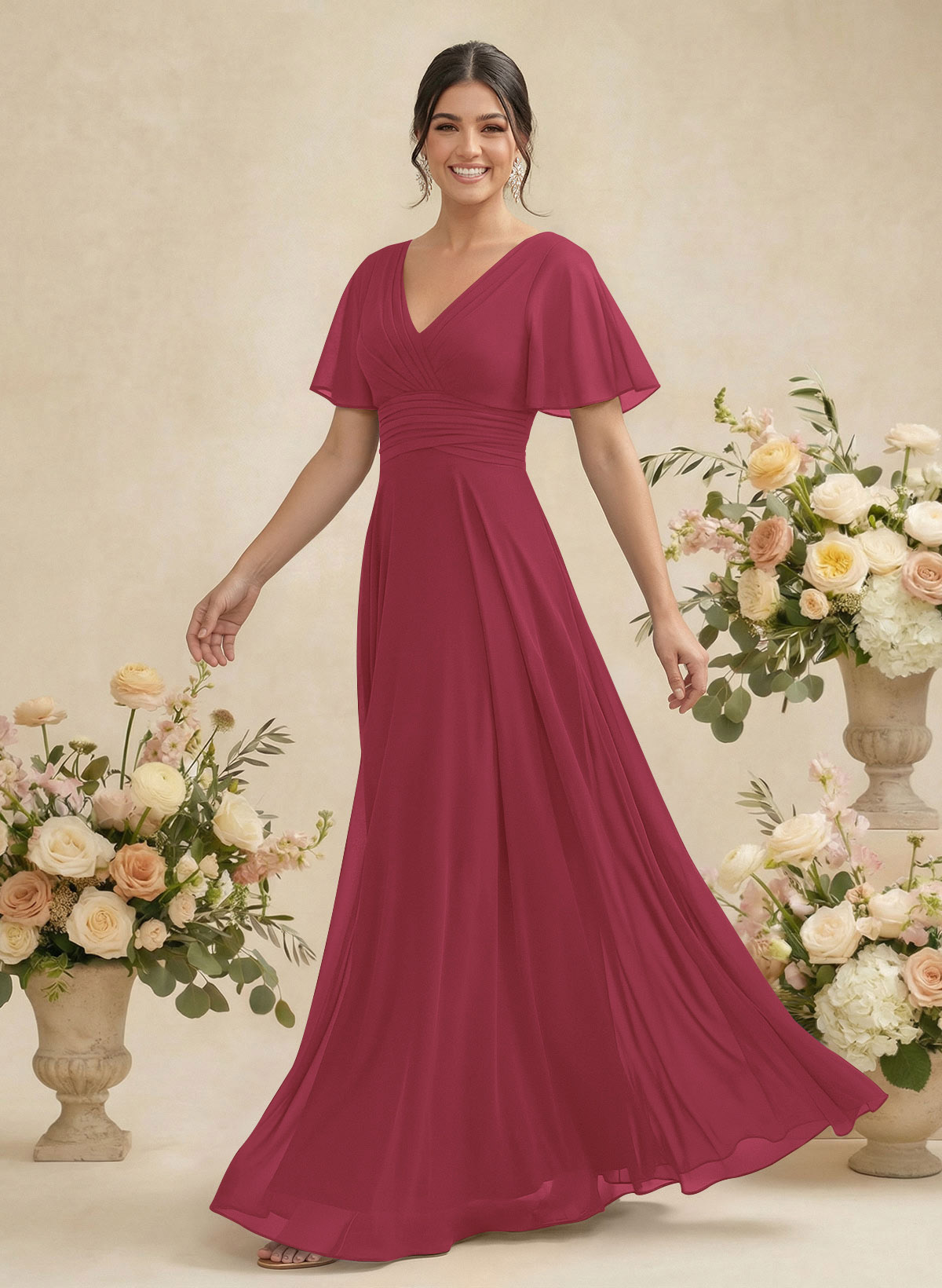 V-Neck Chiffon Bridesmaid Dresses With Short Sleeves, product image 59