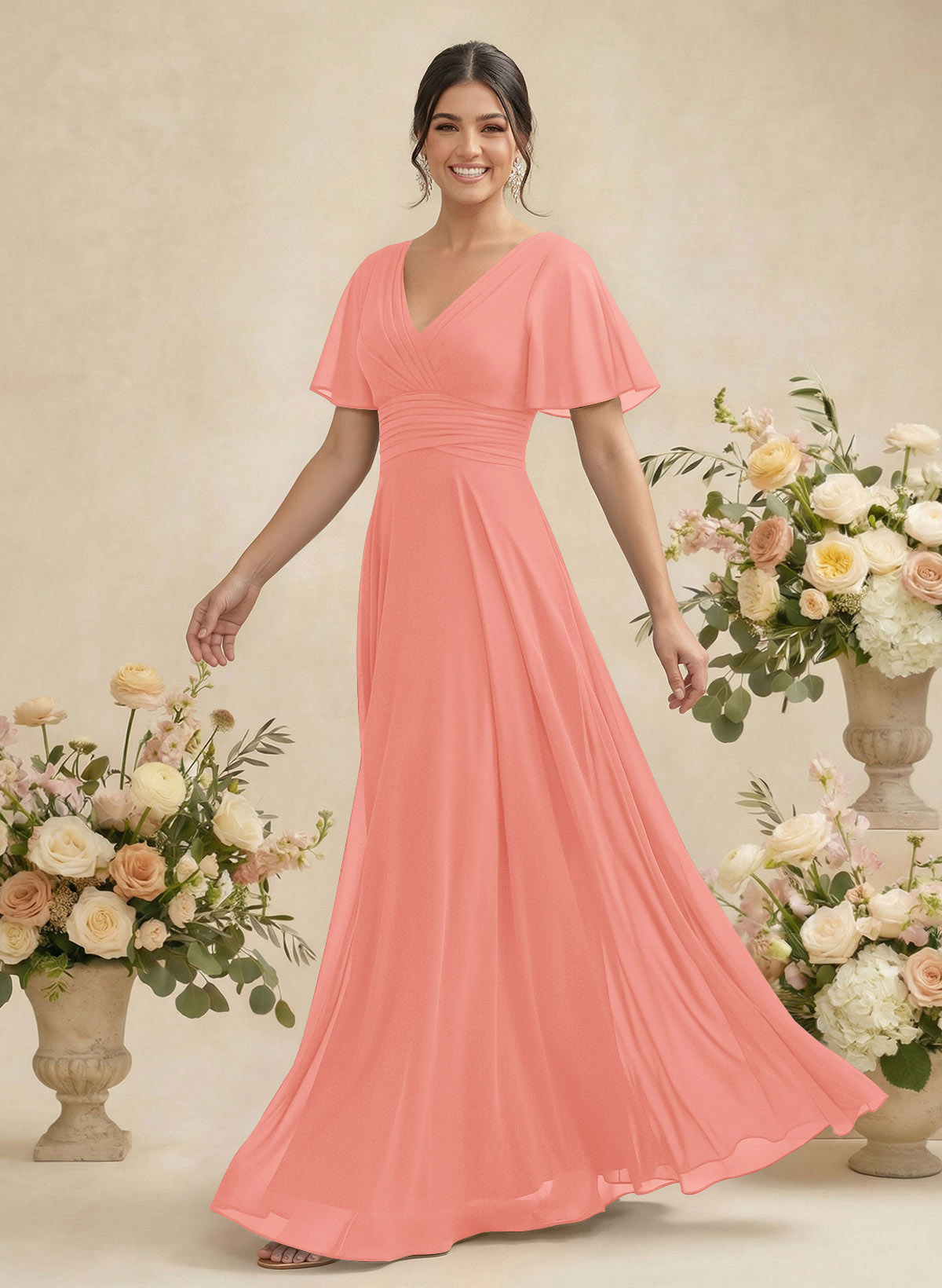V-Neck Chiffon Bridesmaid Dresses With Short Sleeves, product image 95