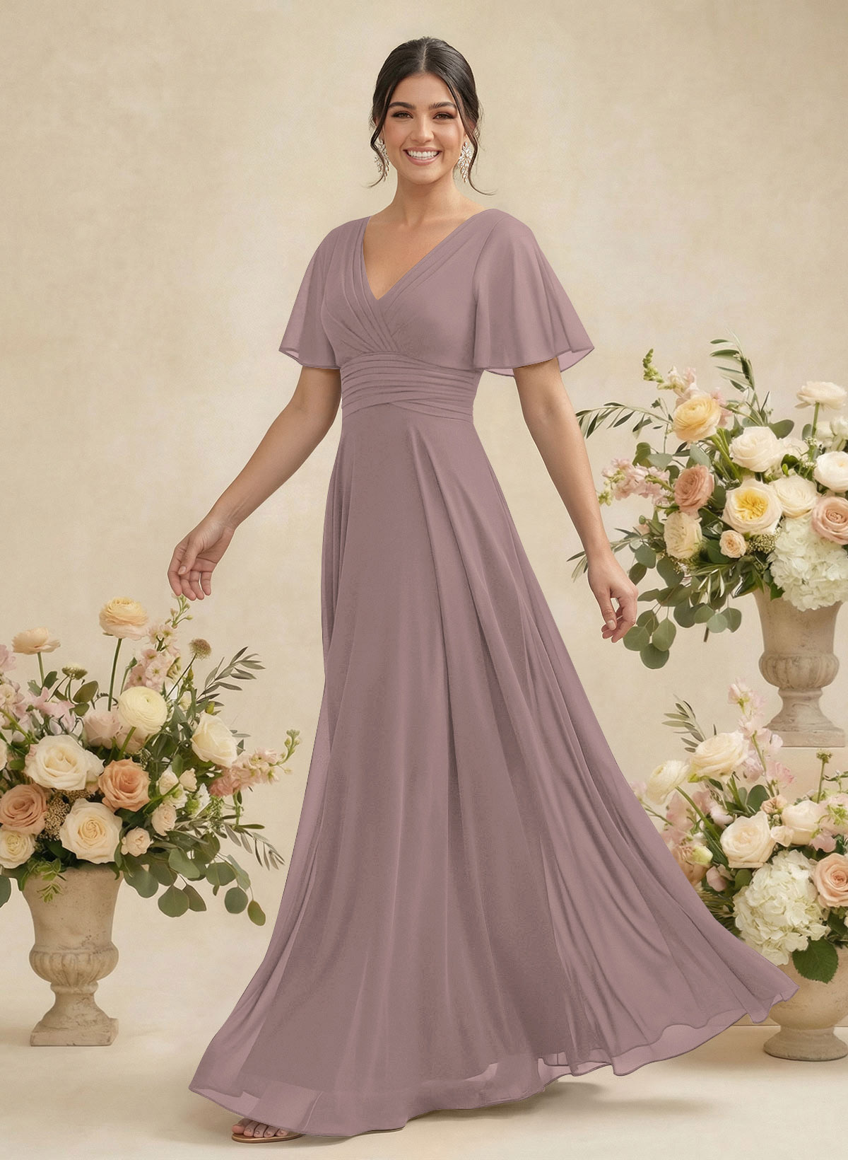 V-Neck Chiffon Bridesmaid Dresses With Short Sleeves, product image 107