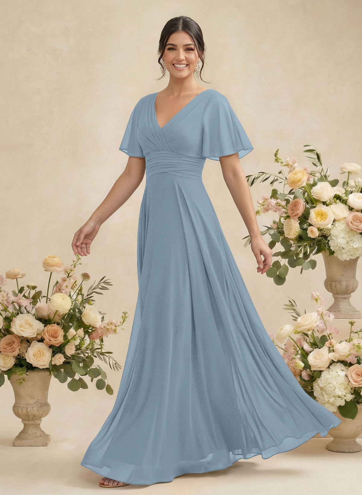 V-Neck Chiffon Bridesmaid Dresses With Short Sleeves, product image 10