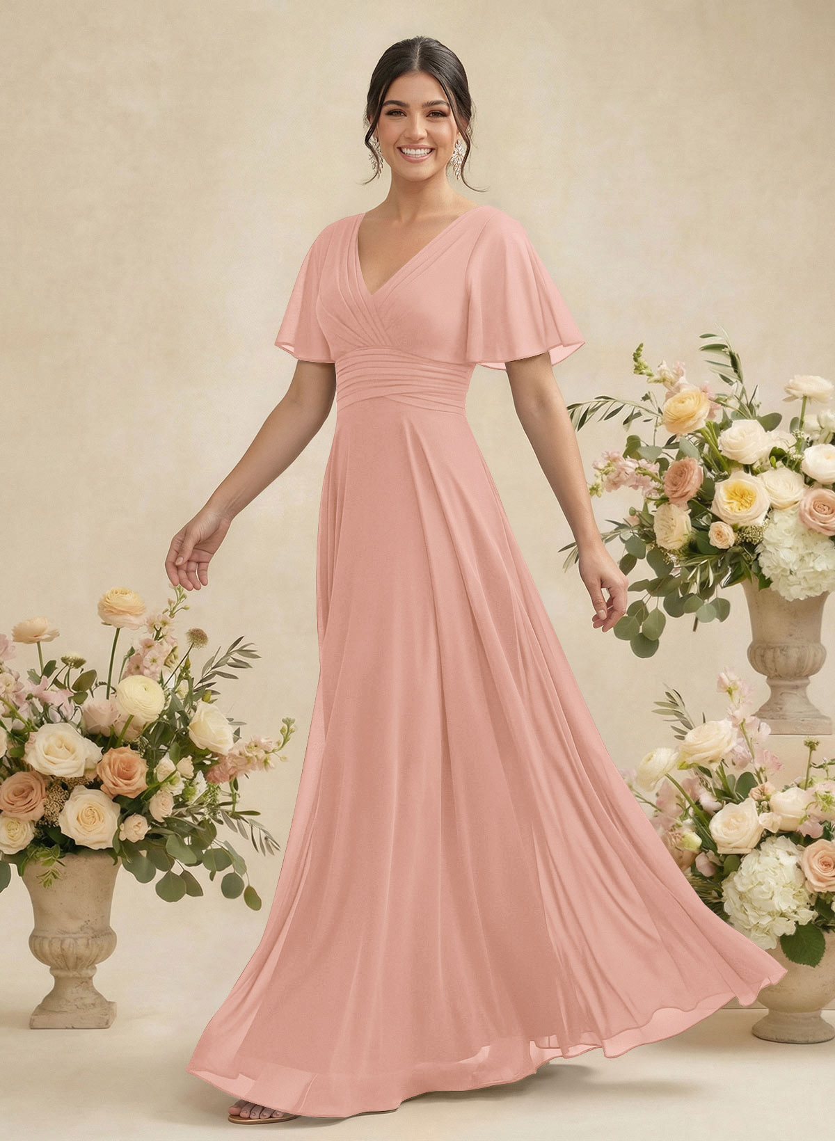 V-Neck Chiffon Bridesmaid Dresses With Short Sleeves, product image 79