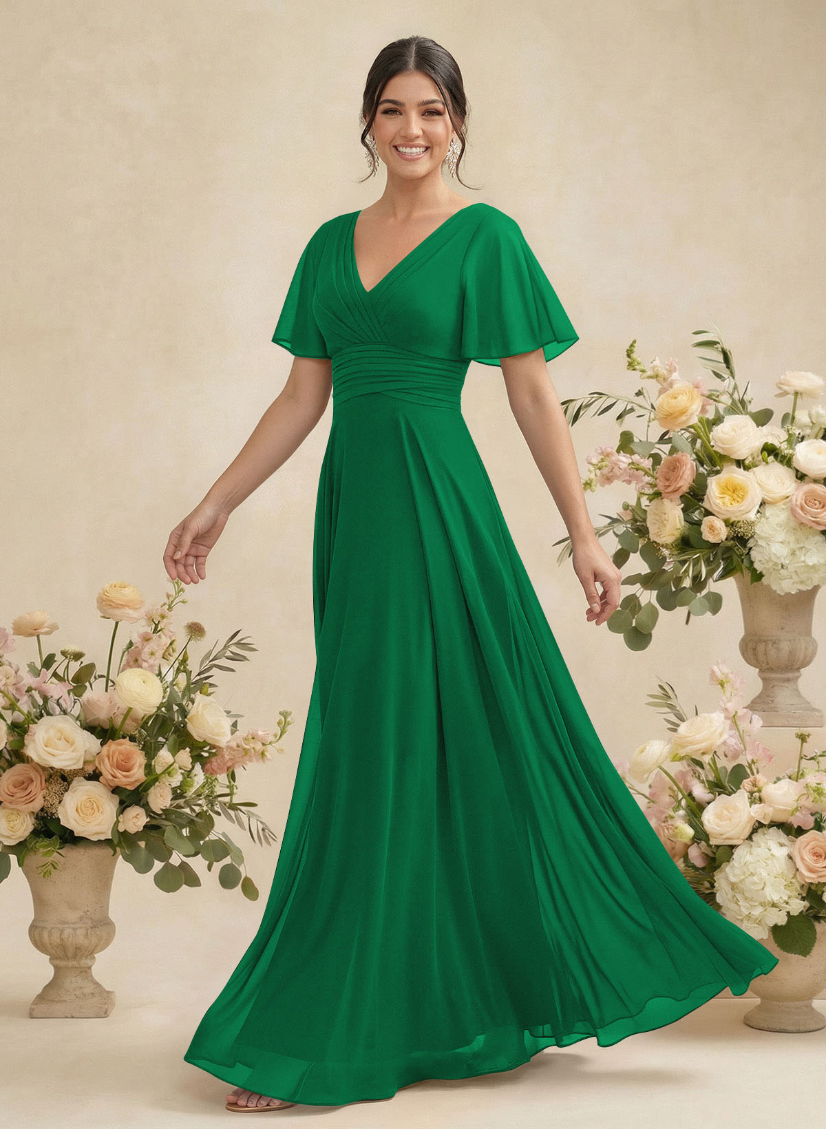V-Neck Chiffon Bridesmaid Dresses With Short Sleeves, product image 255