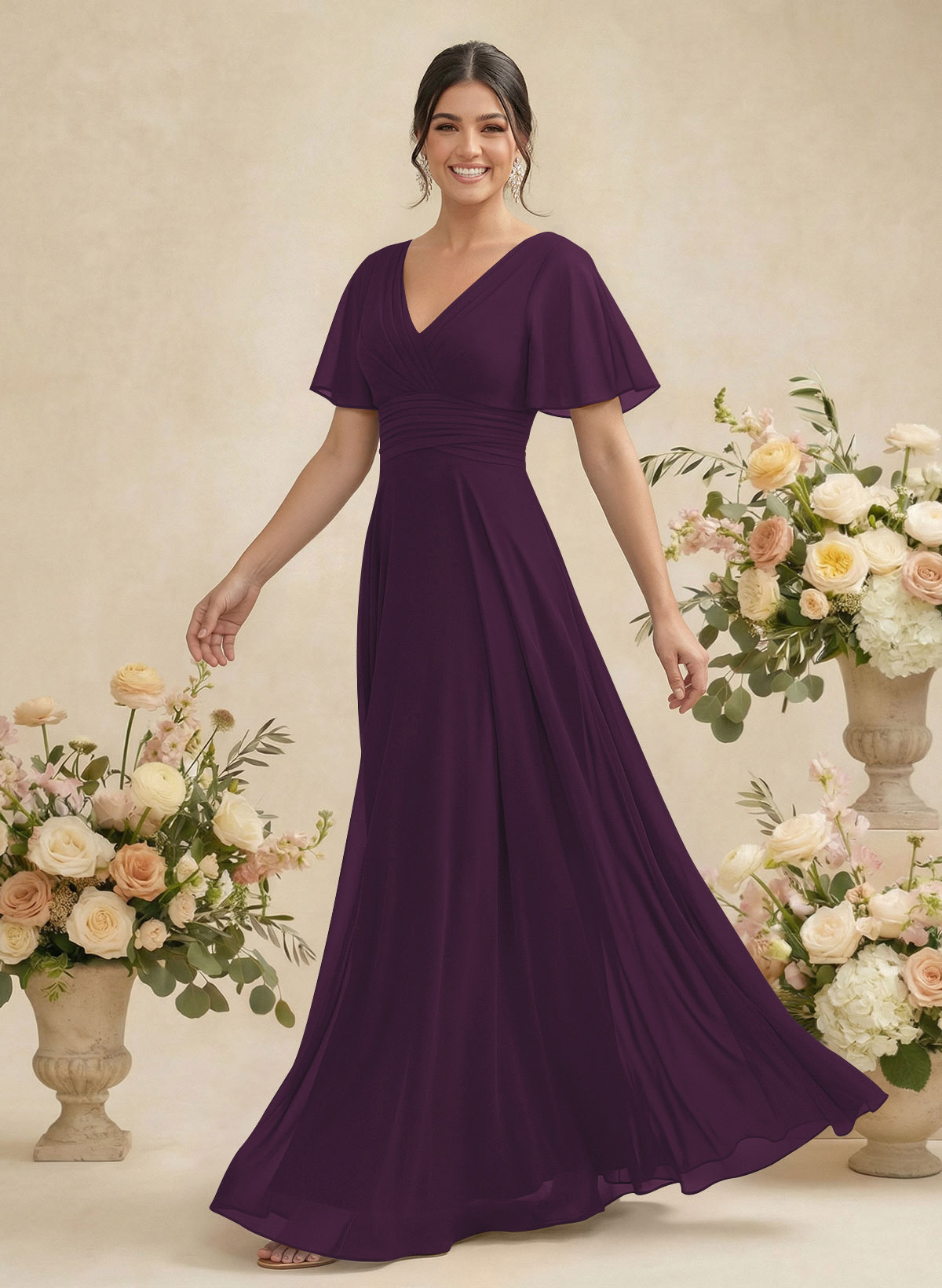 V-Neck Chiffon Bridesmaid Dresses With Short Sleeves, product image 139