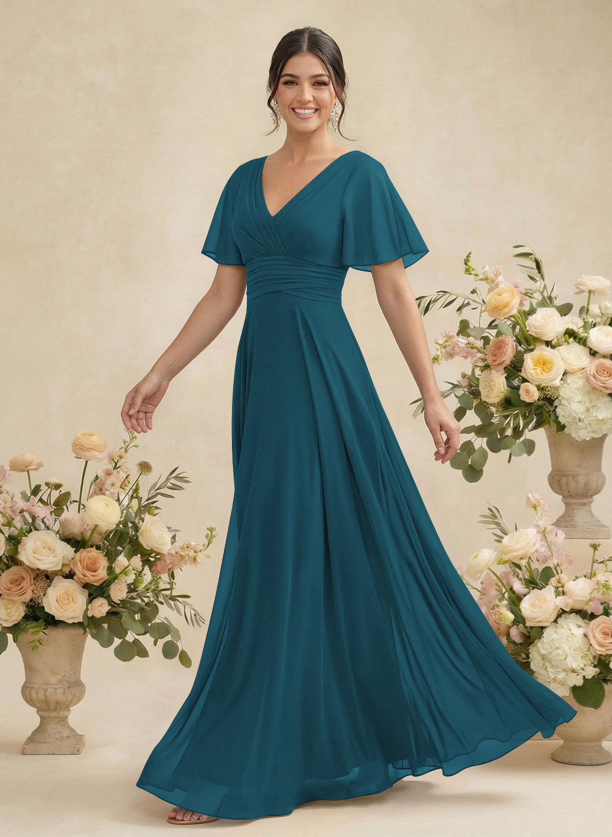 V-Neck Chiffon Bridesmaid Dresses With Short Sleeves, product image 23