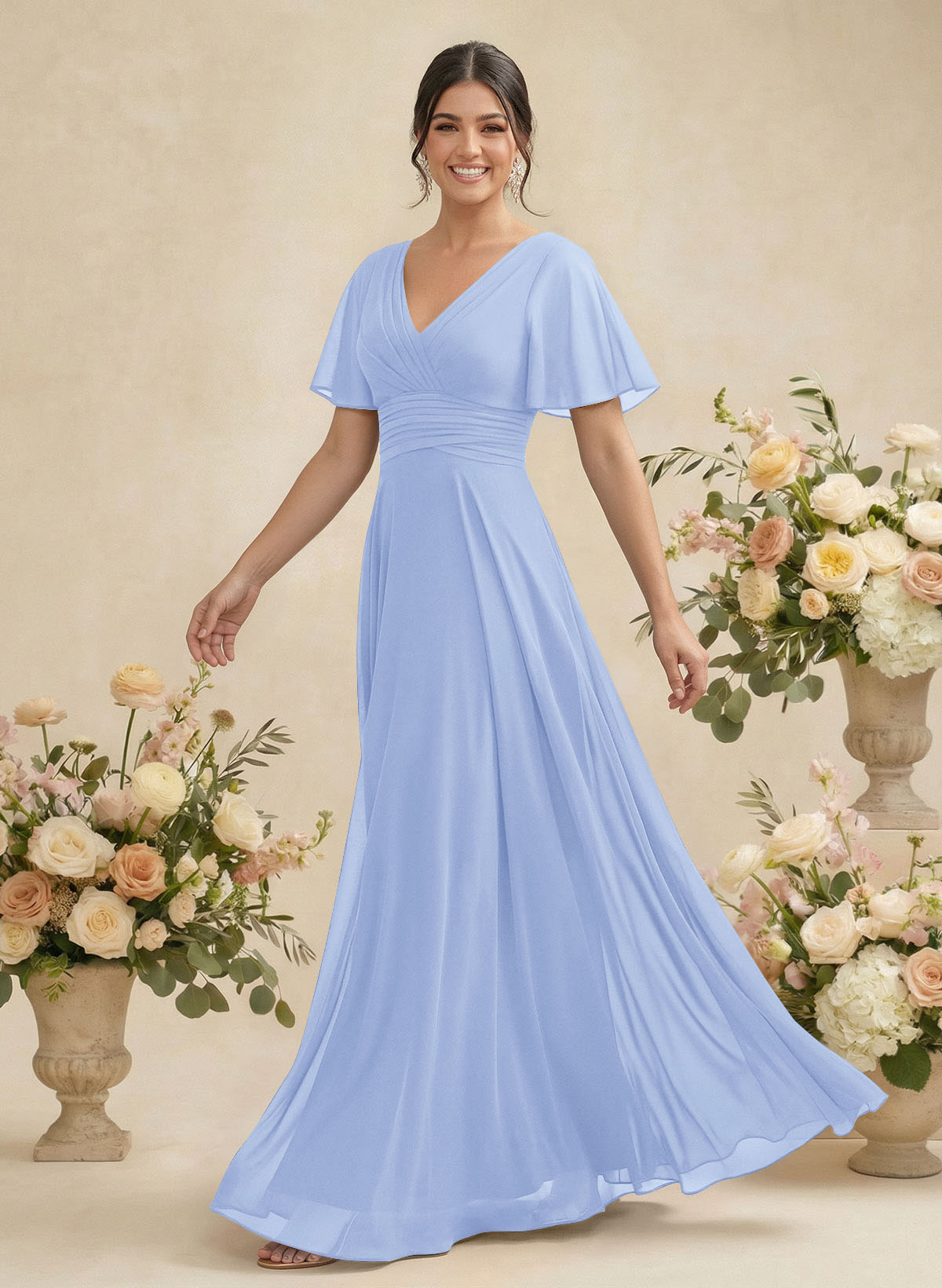 V-Neck Chiffon Bridesmaid Dresses With Short Sleeves, product image 127