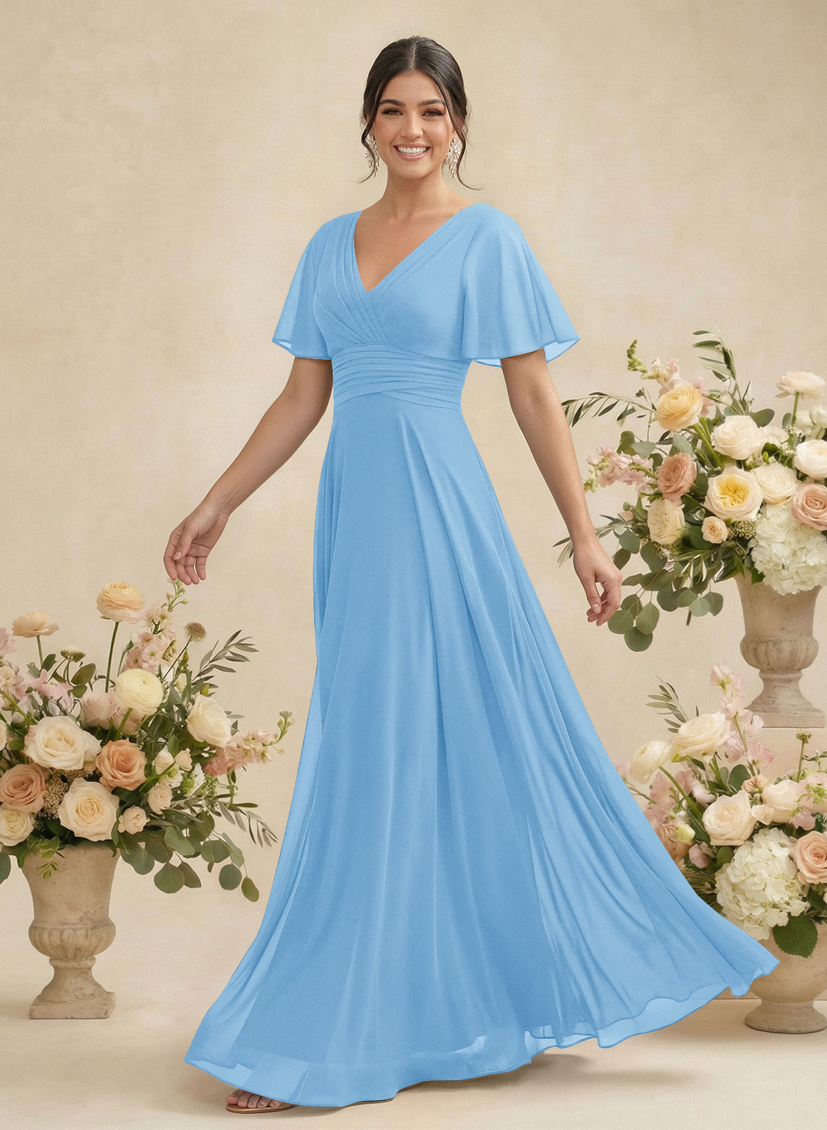 V-Neck Chiffon Bridesmaid Dresses With Short Sleeves, product image 39