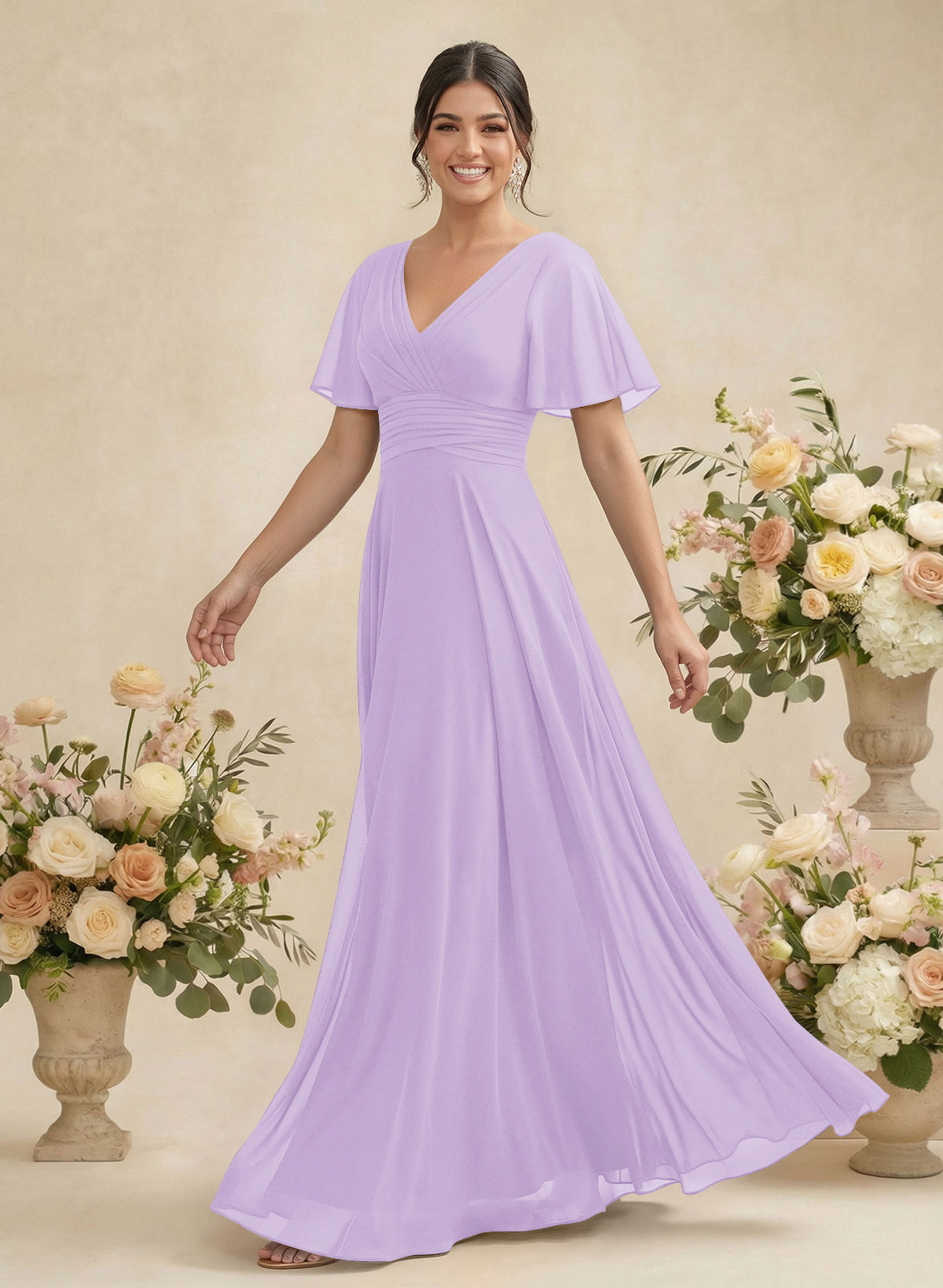 V-Neck Chiffon Bridesmaid Dresses With Short Sleeves, product image 123