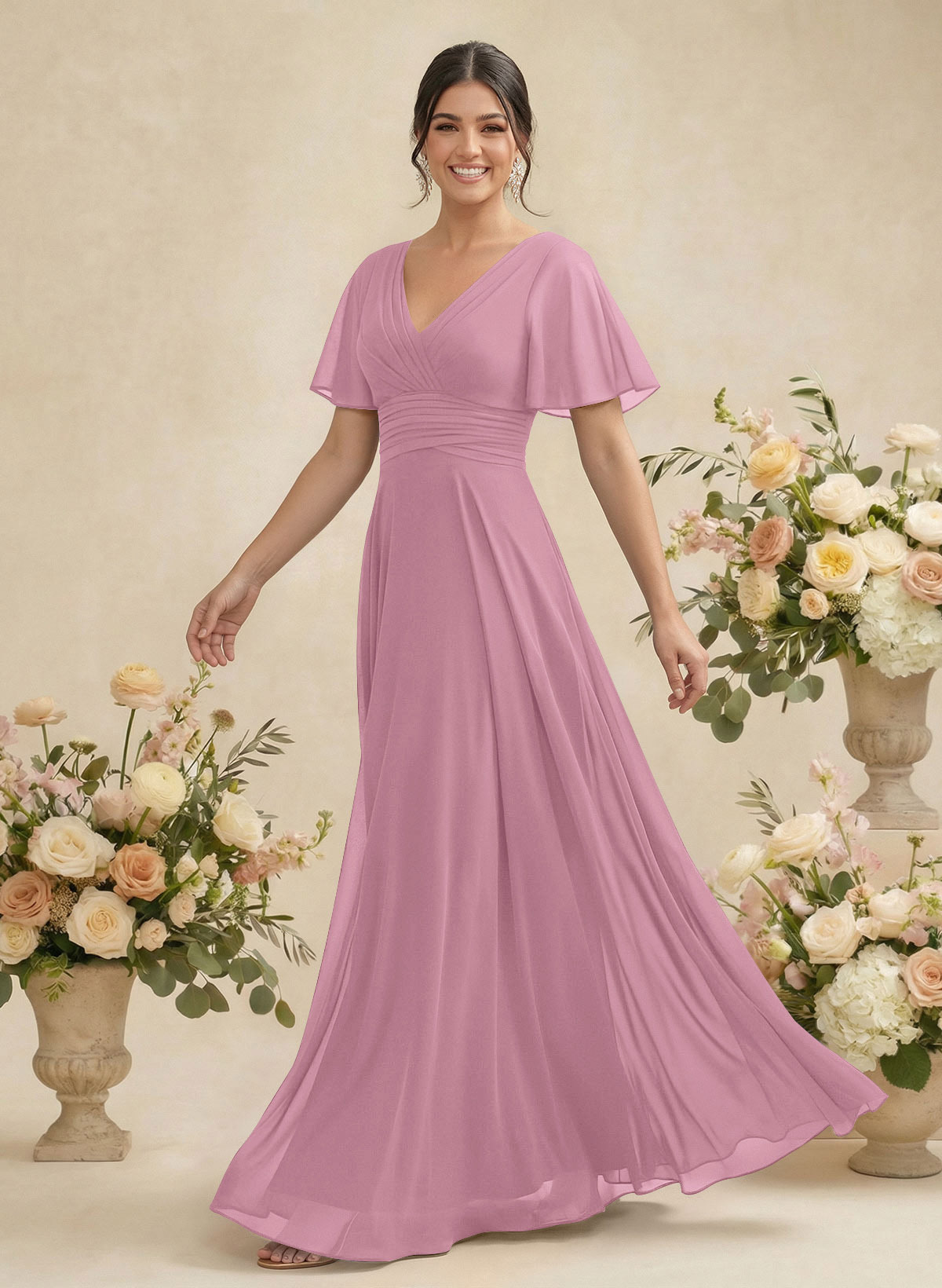 V-Neck Chiffon Bridesmaid Dresses With Short Sleeves, product image 119