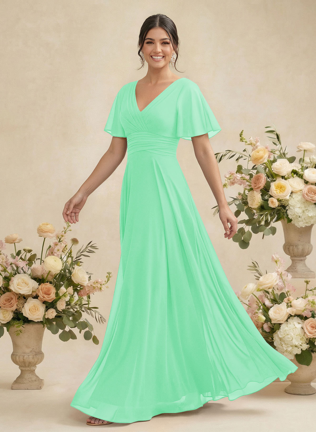 V-Neck Chiffon Bridesmaid Dresses With Short Sleeves, product image 183
