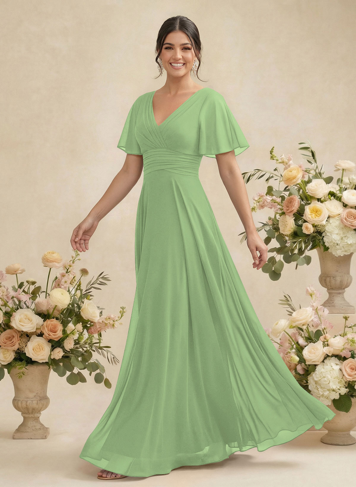 V-Neck Chiffon Bridesmaid Dresses With Short Sleeves, product image 263