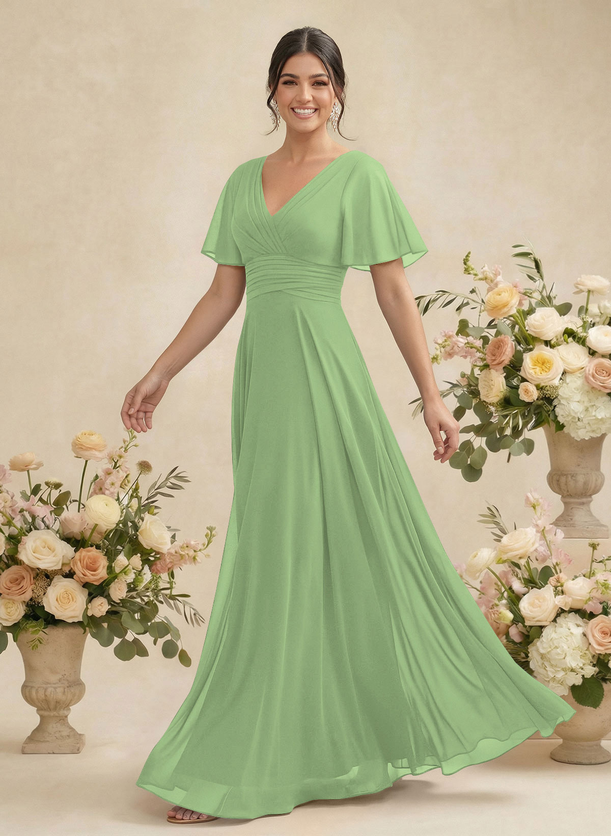 V-Neck Chiffon Bridesmaid Dresses With Short Sleeves, product image 263