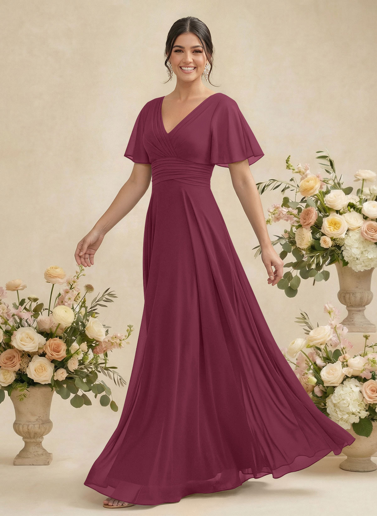 V-Neck Chiffon Bridesmaid Dresses With Short Sleeves, product image 63
