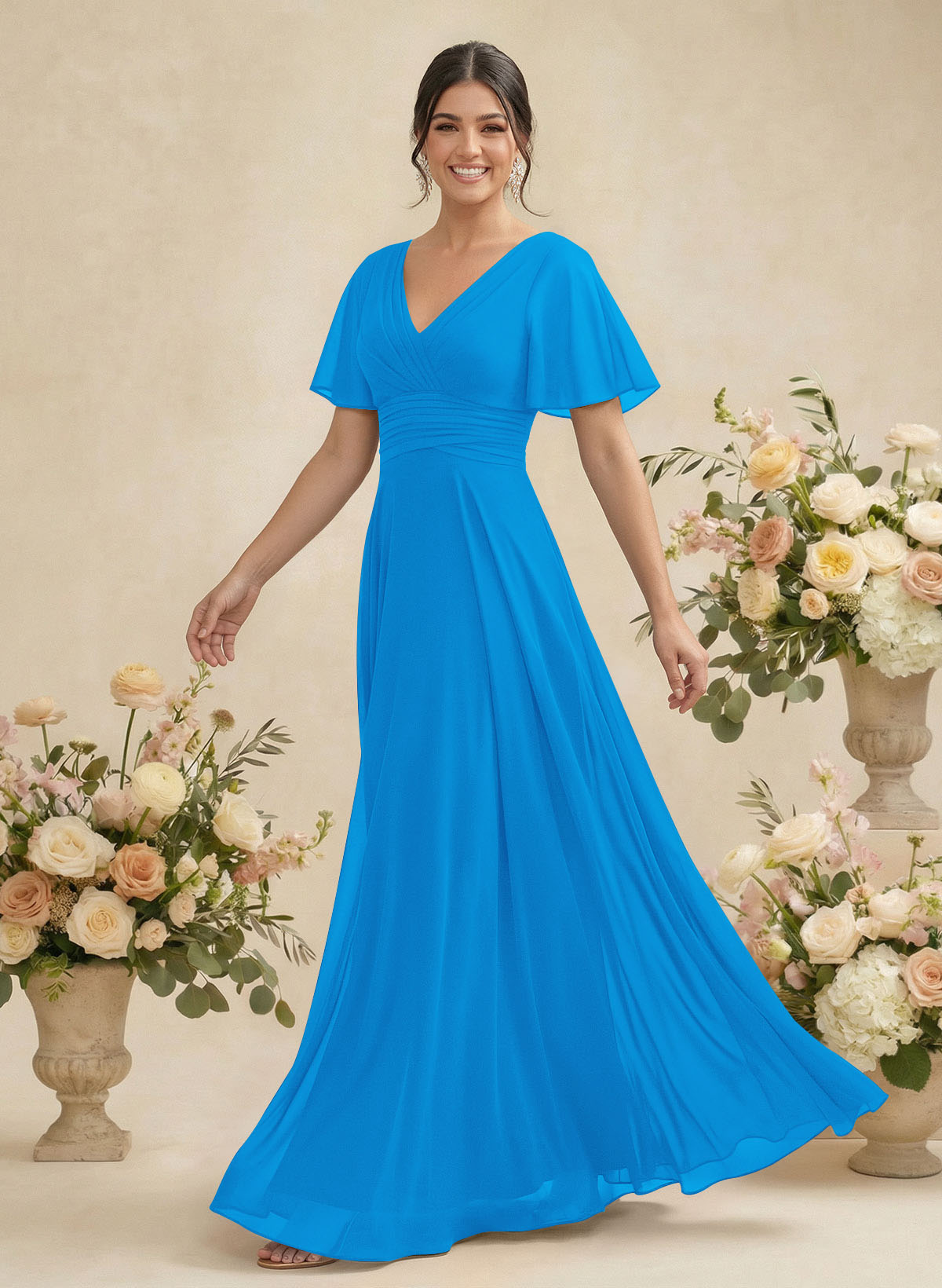V-Neck Chiffon Bridesmaid Dresses With Short Sleeves, product image 31