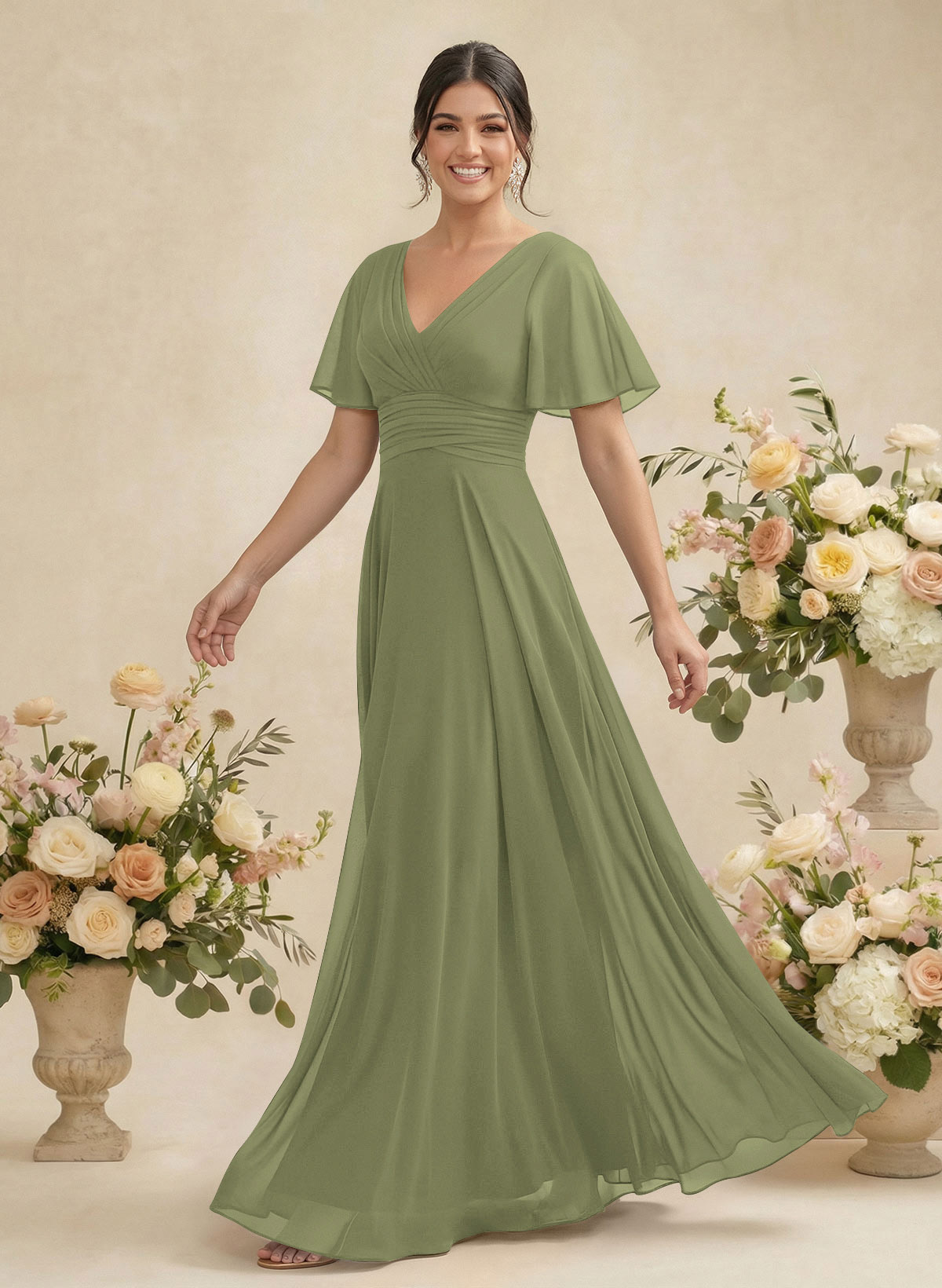 V-Neck Chiffon Bridesmaid Dresses With Short Sleeves, product image 239