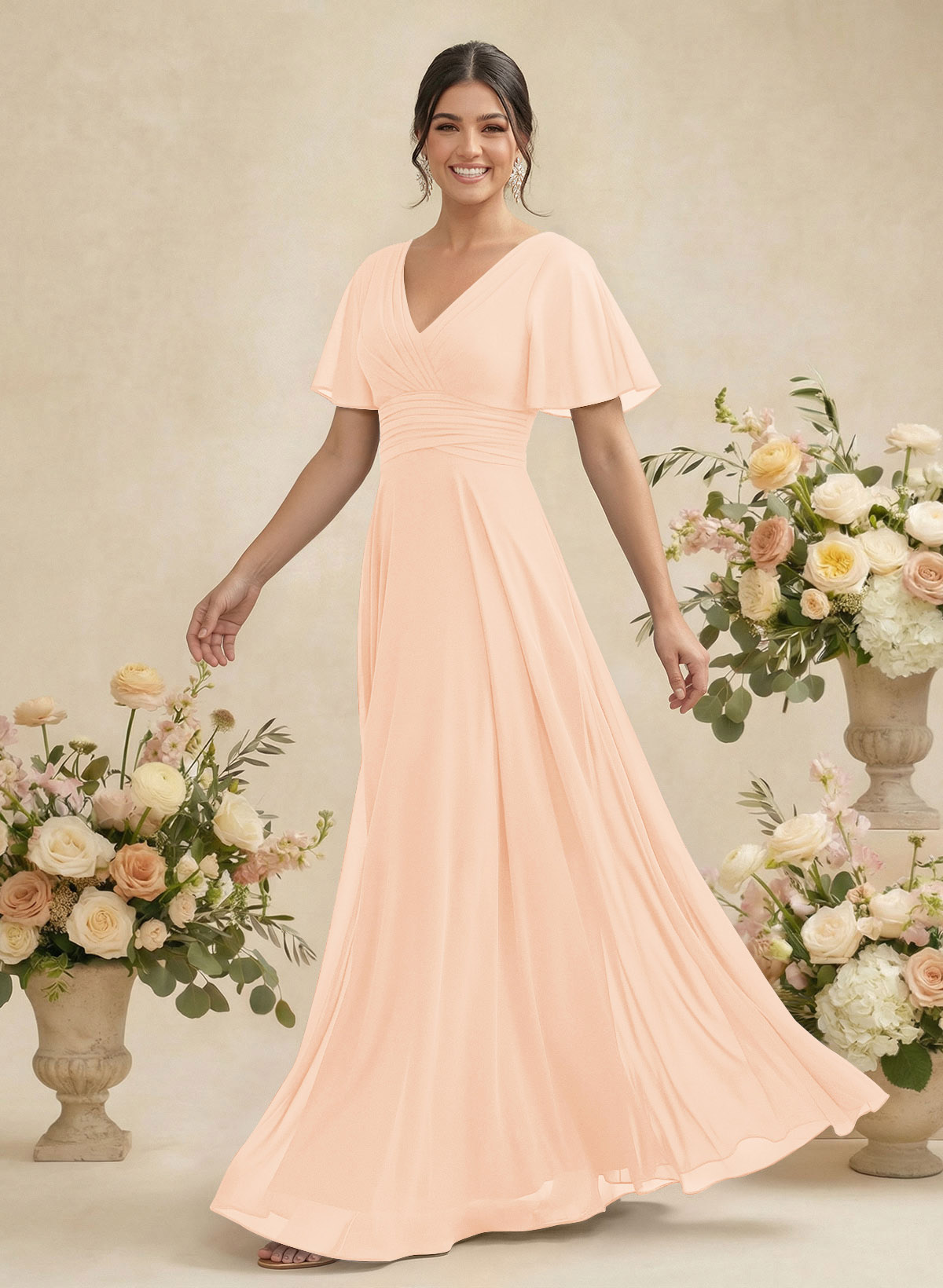 V-Neck Chiffon Bridesmaid Dresses With Short Sleeves, product image 83