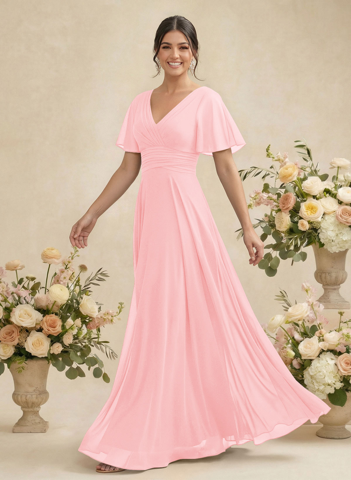 V-Neck Chiffon Bridesmaid Dresses With Short Sleeves, product image 91