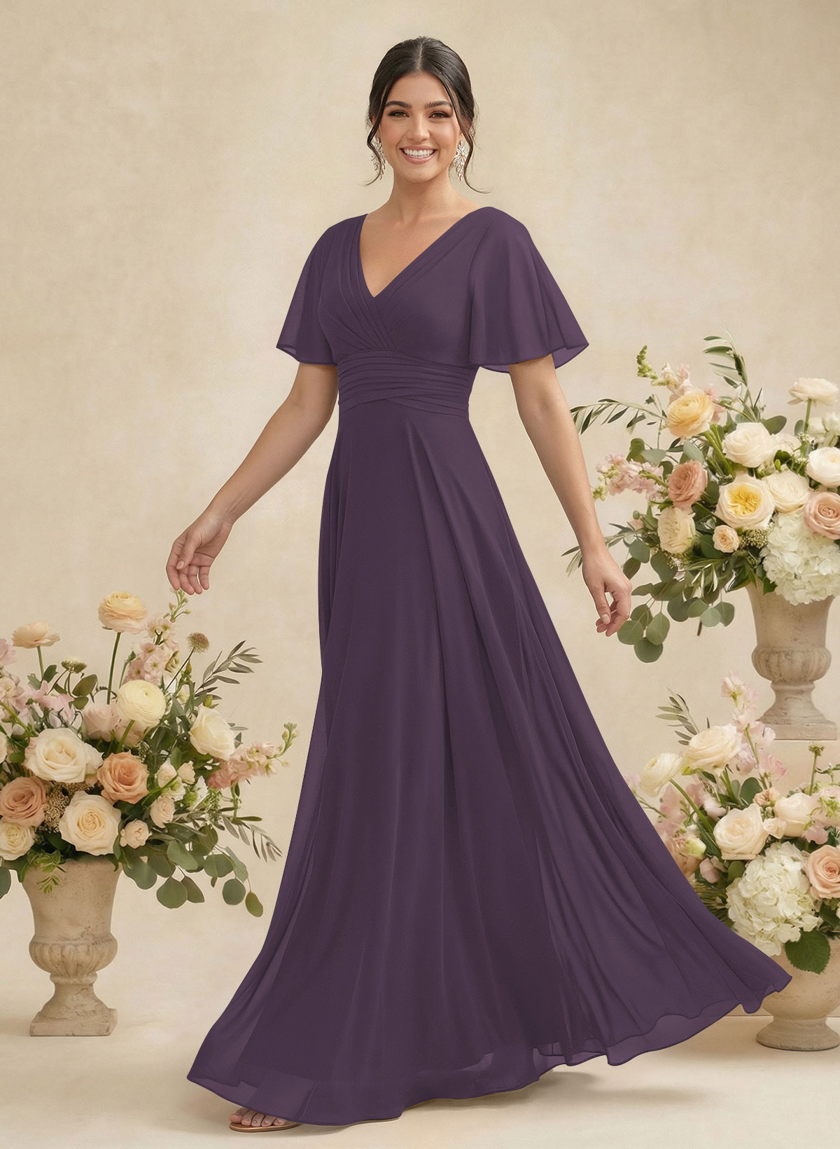 V-Neck Chiffon Bridesmaid Dresses With Short Sleeves, product image 135