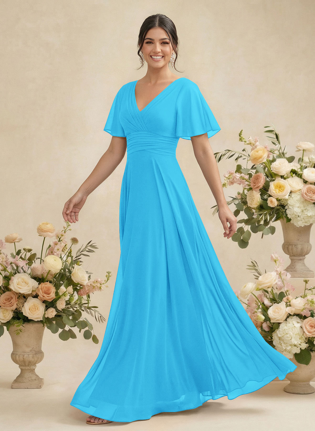 V-Neck Chiffon Bridesmaid Dresses With Short Sleeves, product image 35