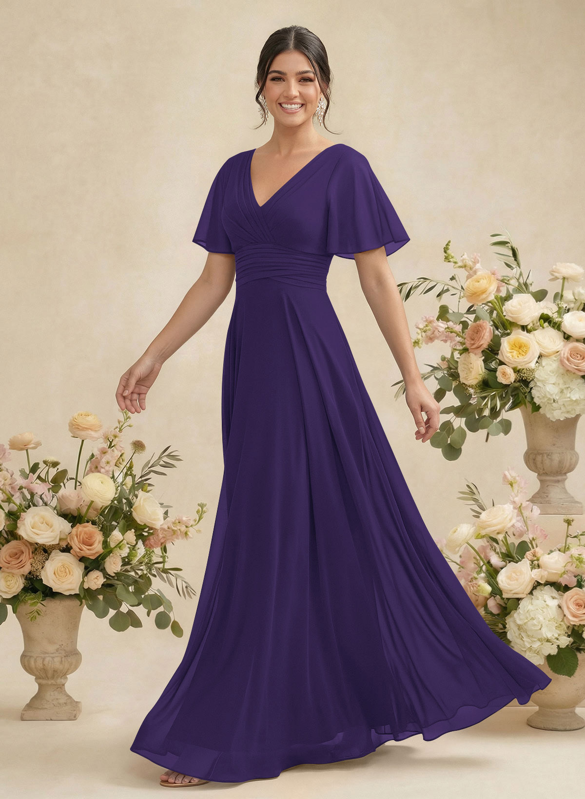 V-Neck Chiffon Bridesmaid Dresses With Short Sleeves, product image 155
