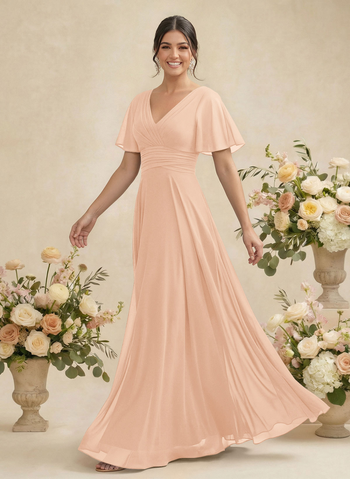V-Neck Chiffon Bridesmaid Dresses With Short Sleeves, product image 251