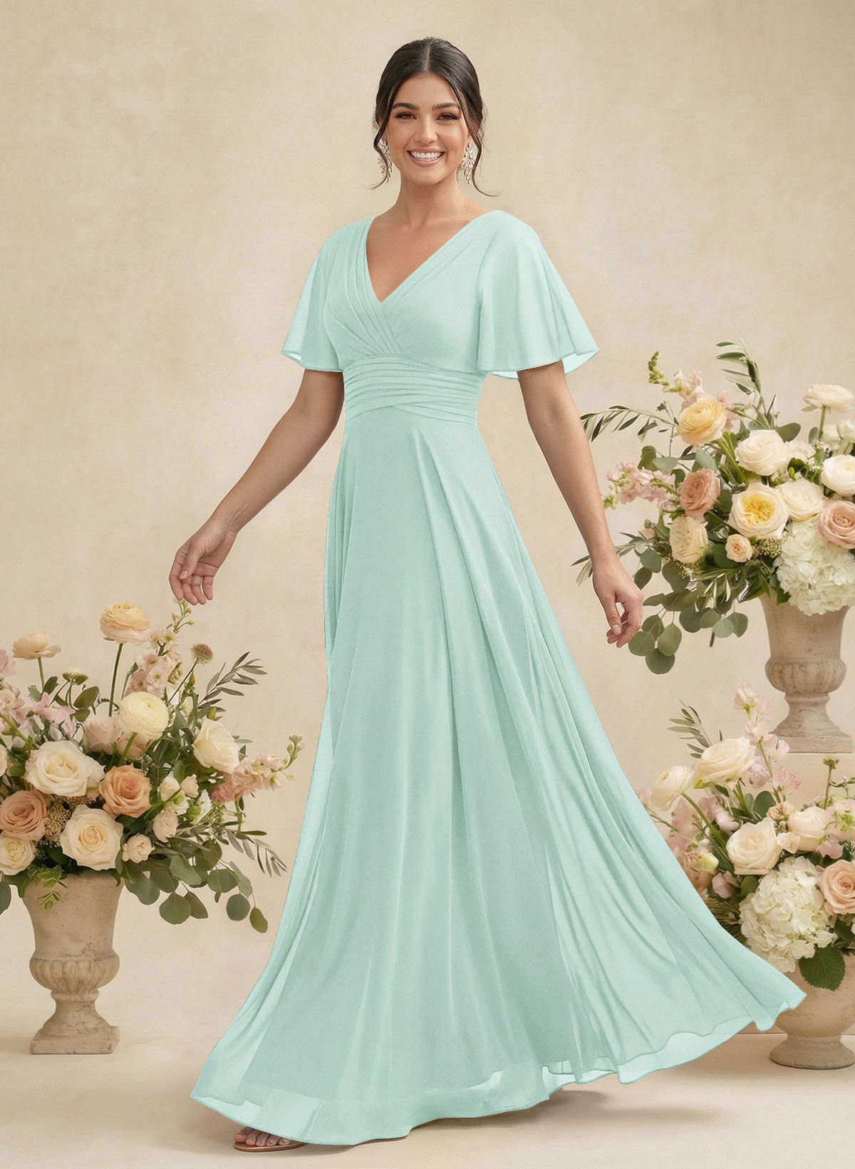 V-Neck Chiffon Bridesmaid Dresses With Short Sleeves, product image 179