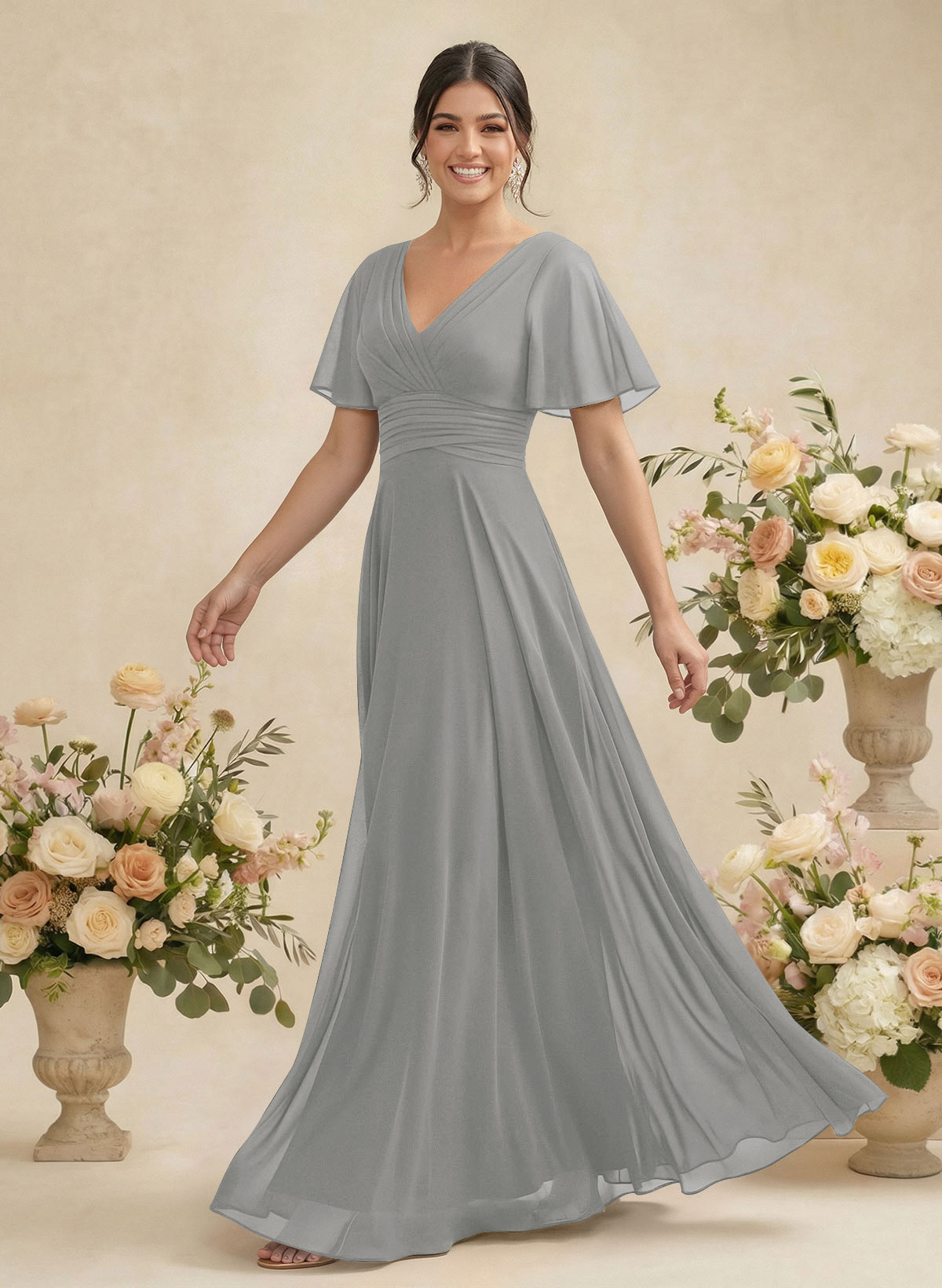 V-Neck Chiffon Bridesmaid Dresses With Short Sleeves, product image 227