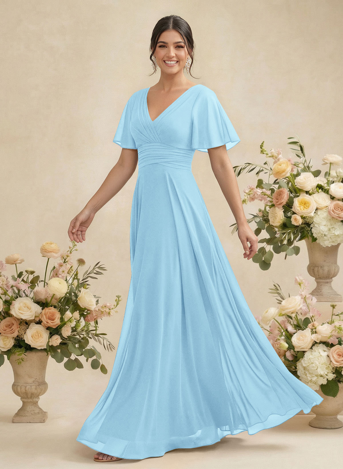V-Neck Chiffon Bridesmaid Dresses With Short Sleeves, product image 43