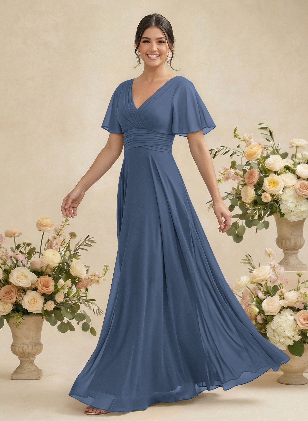 V-Neck Chiffon Bridesmaid Dresses With Short Sleeves, product image 14