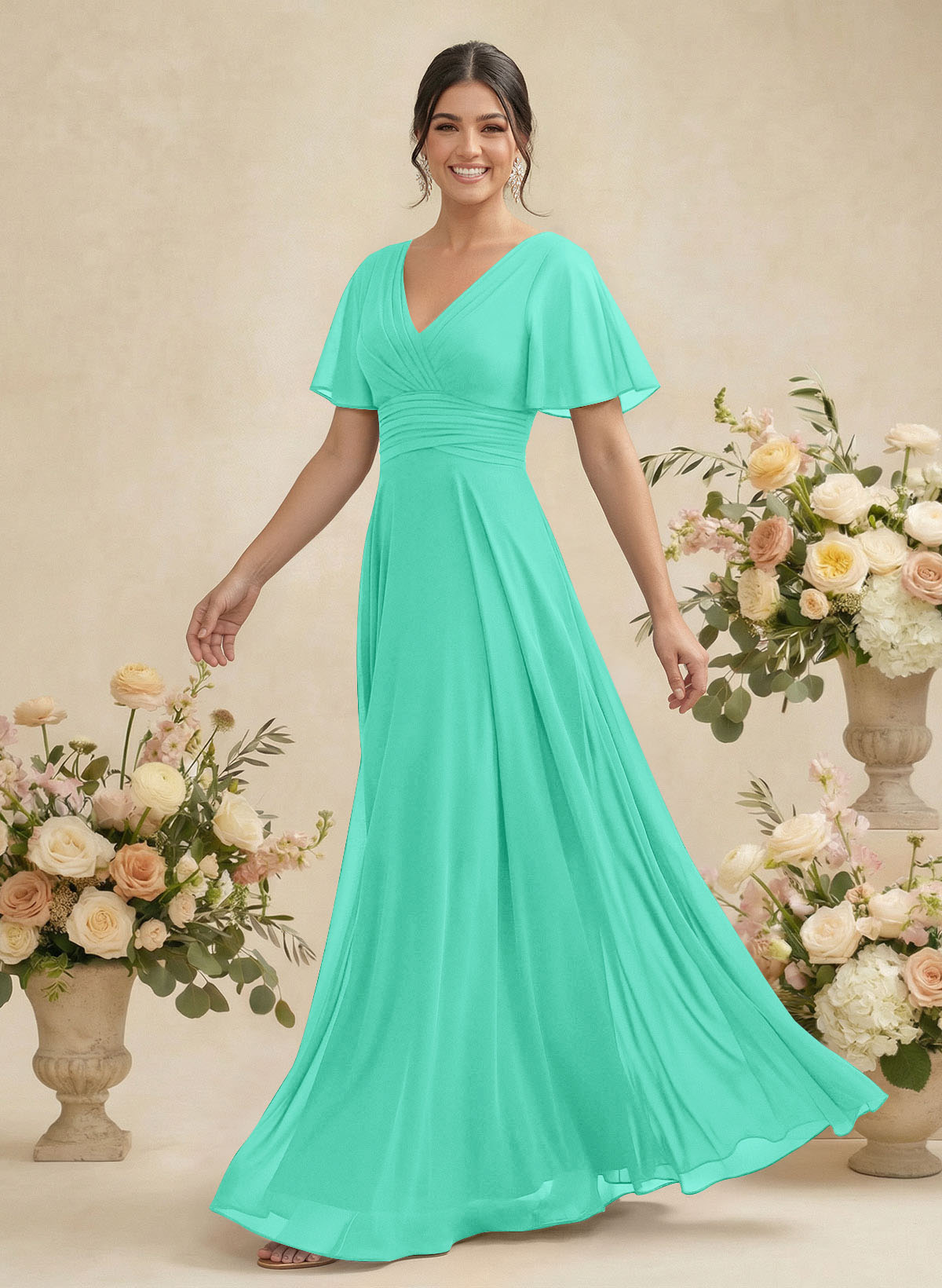 V-Neck Chiffon Bridesmaid Dresses With Short Sleeves, product image 187