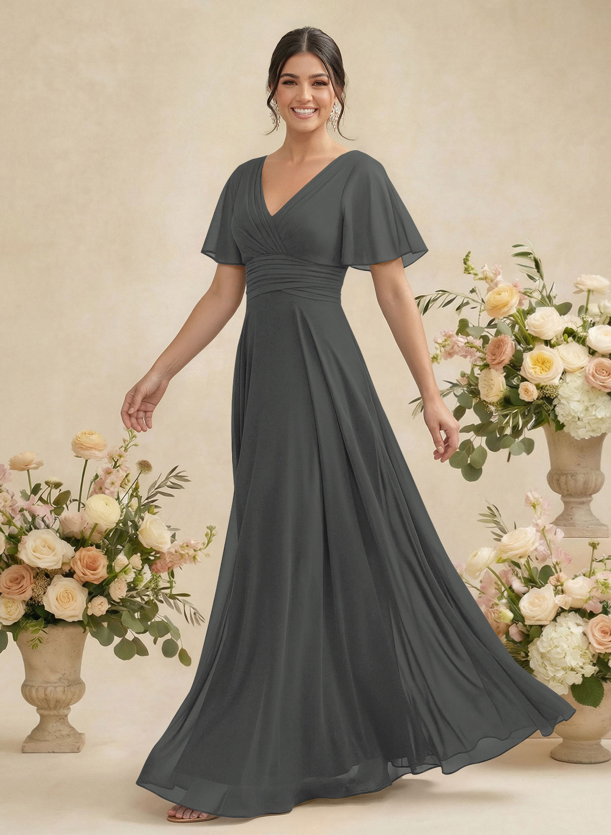 V-Neck Chiffon Bridesmaid Dresses With Short Sleeves, product image 231