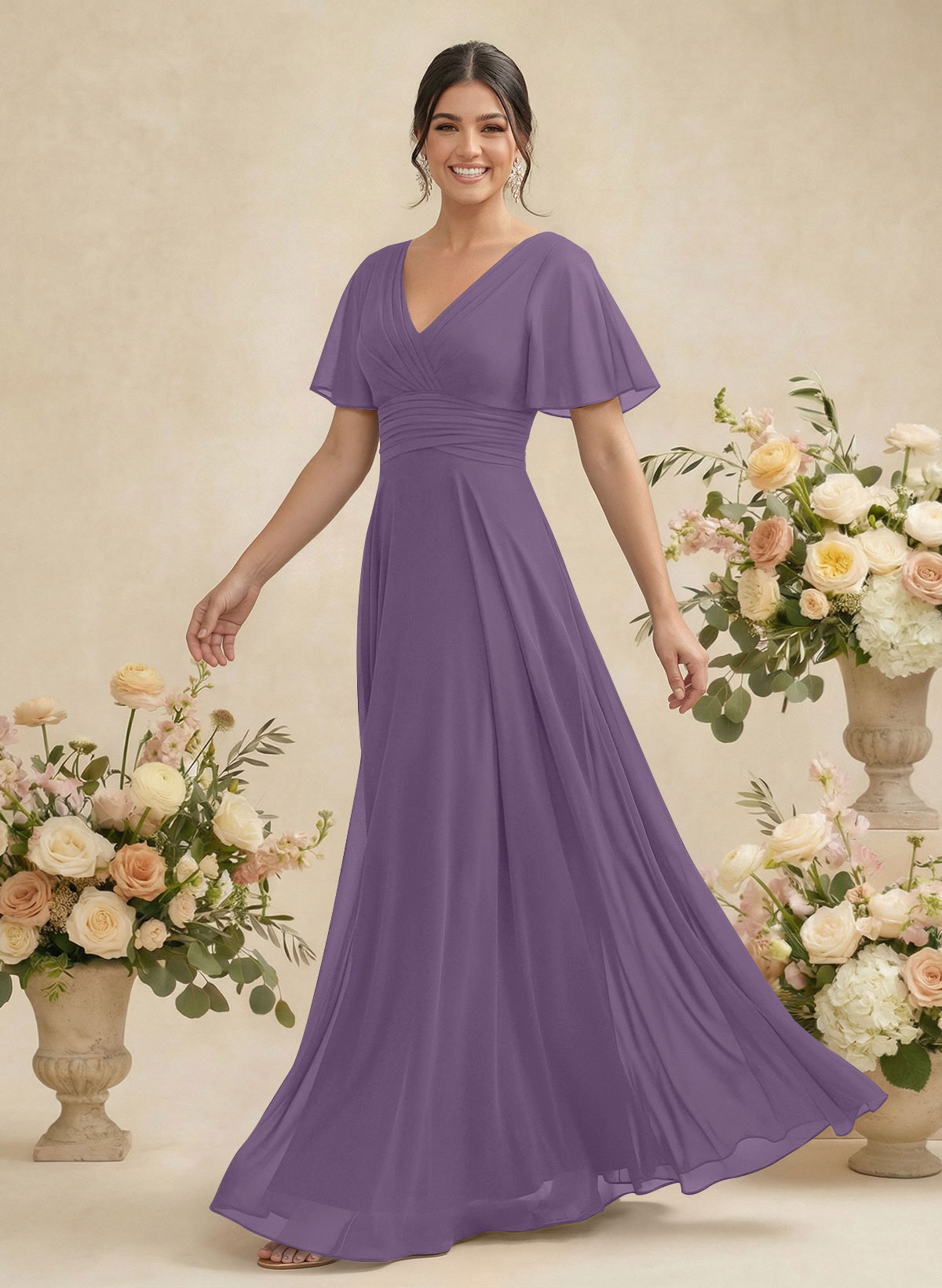 V-Neck Chiffon Bridesmaid Dresses With Short Sleeves, product image 131