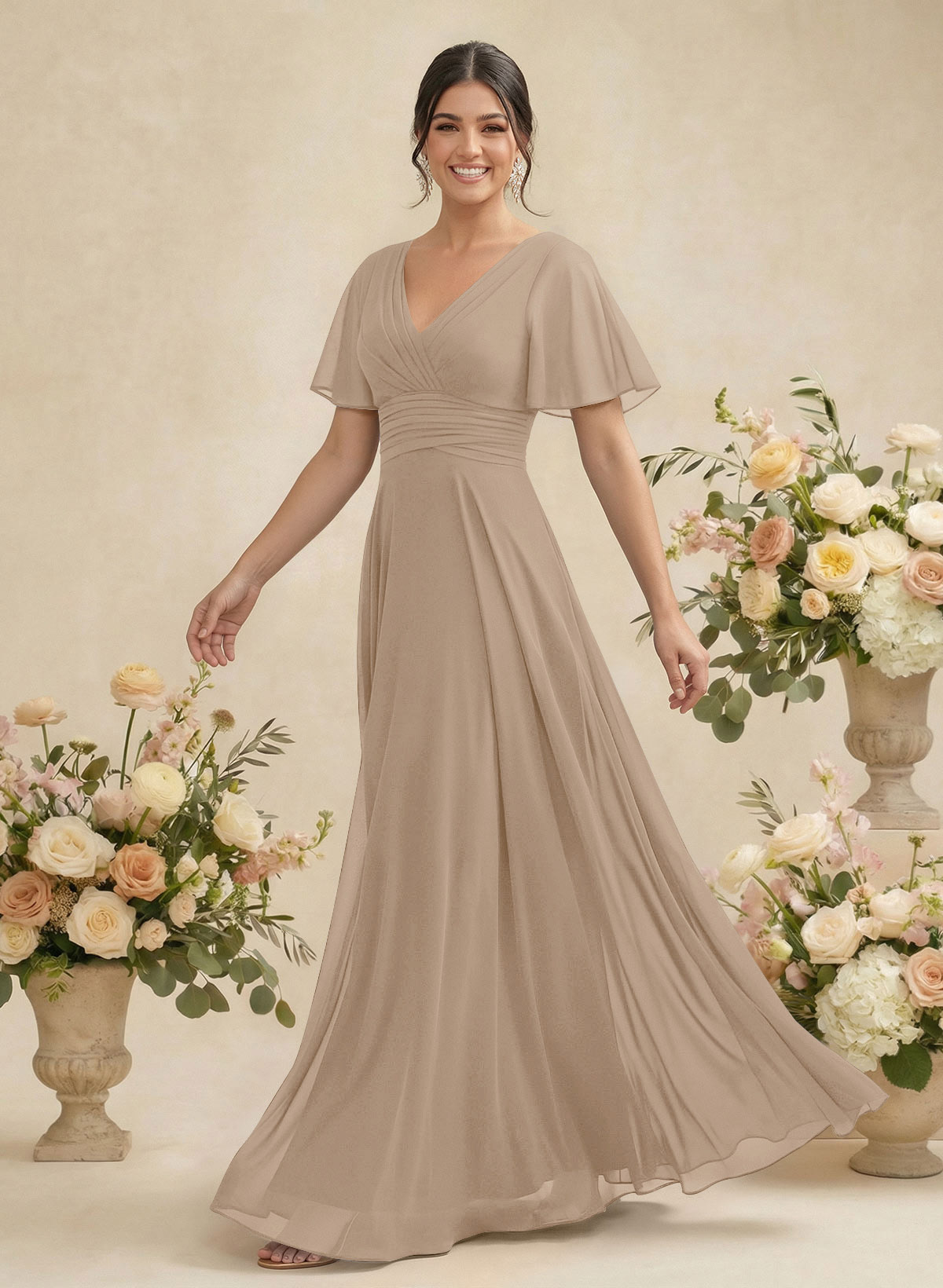 V-Neck Chiffon Bridesmaid Dresses With Short Sleeves, product image 195