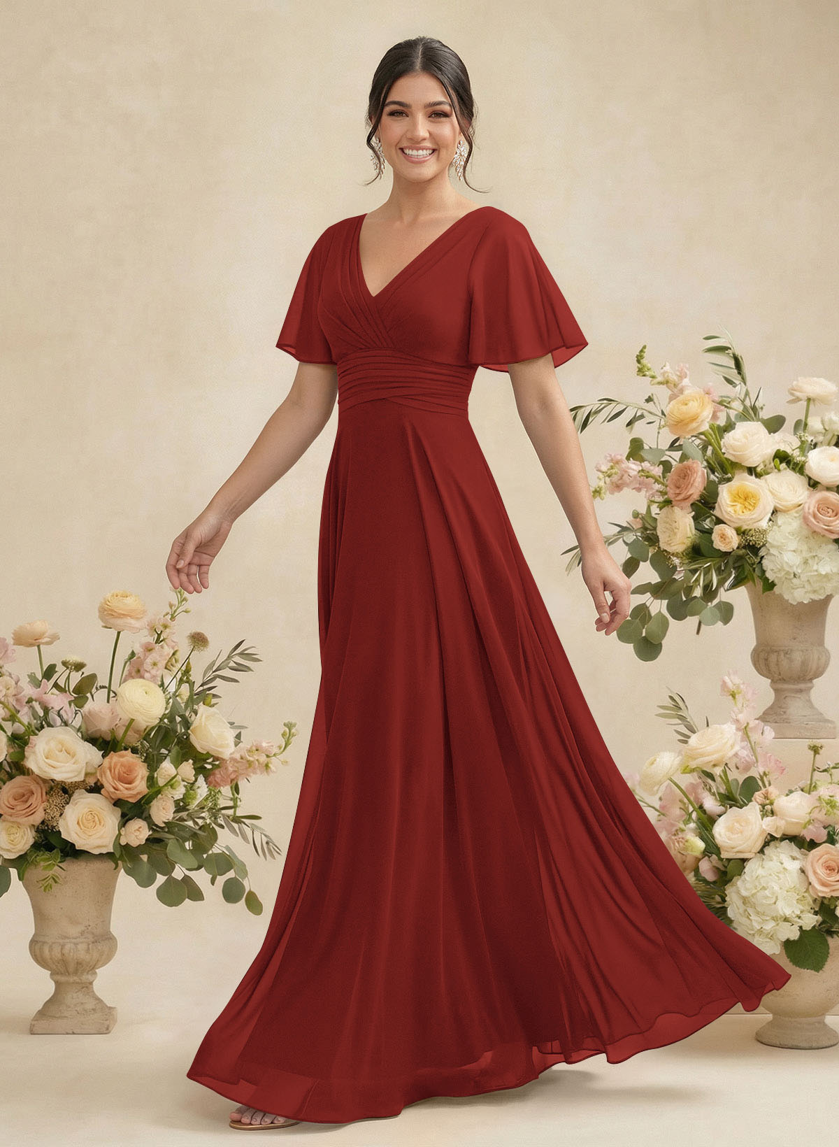 V-Neck Chiffon Bridesmaid Dresses With Short Sleeves, product image 71