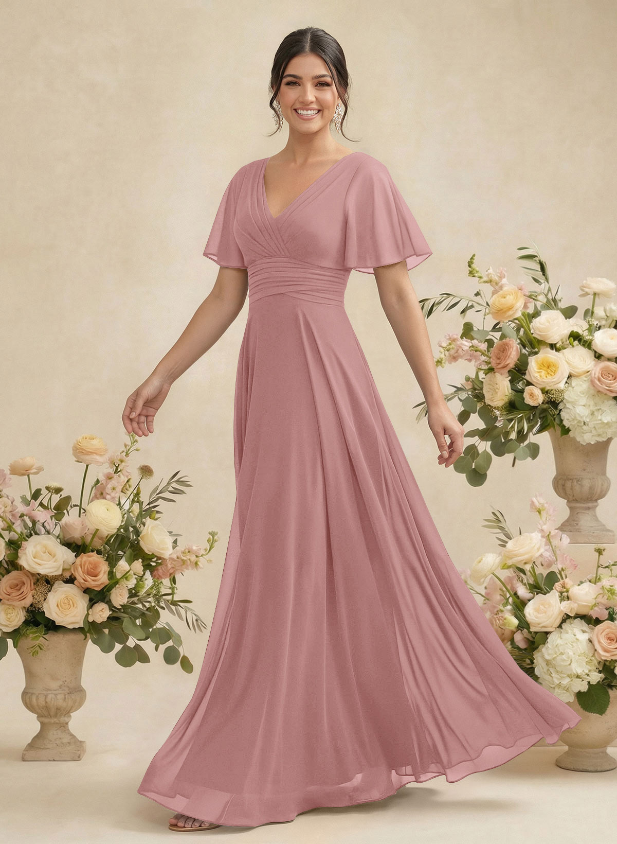 V-Neck Chiffon Bridesmaid Dresses With Short Sleeves, product image 115