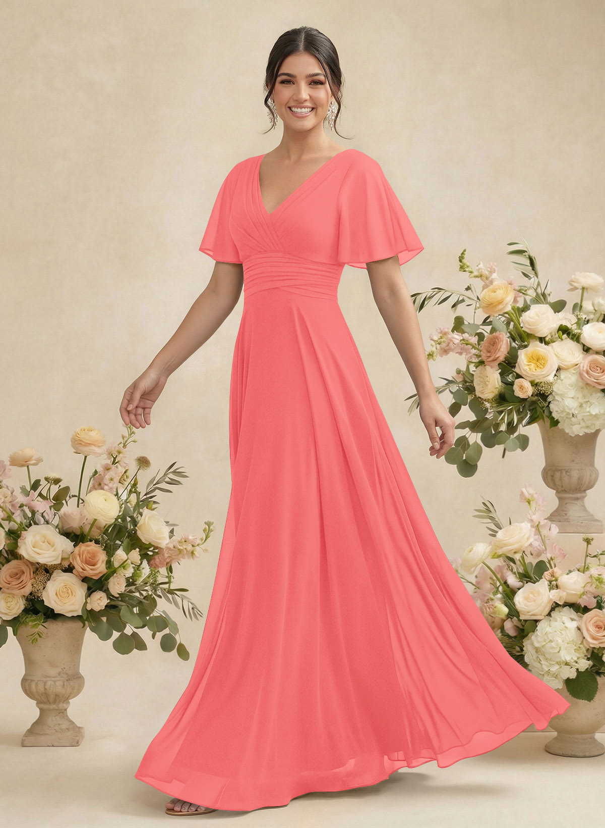 V-Neck Chiffon Bridesmaid Dresses With Short Sleeves, product image 75