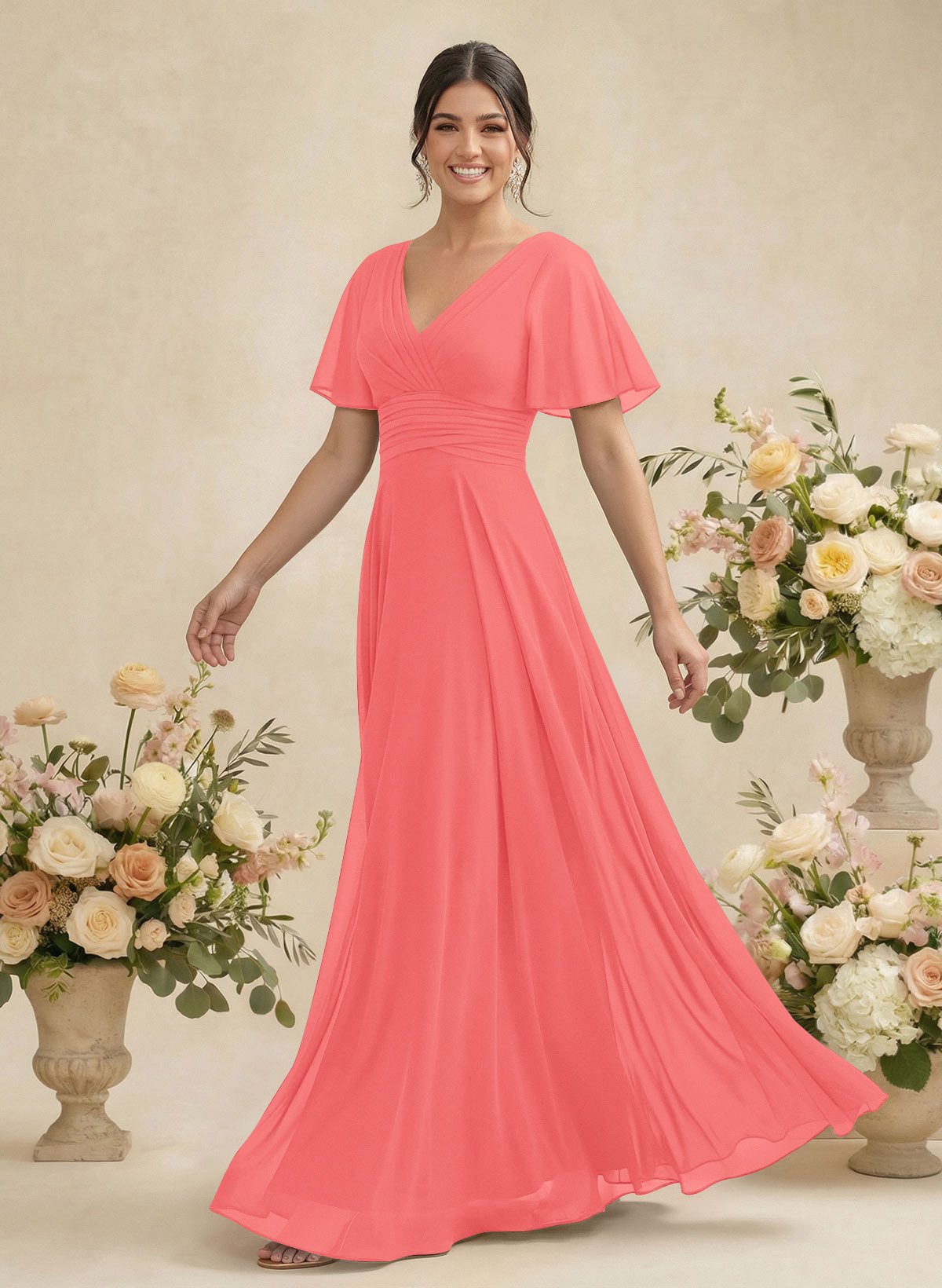 V-Neck Chiffon Bridesmaid Dresses With Short Sleeves, product image 75