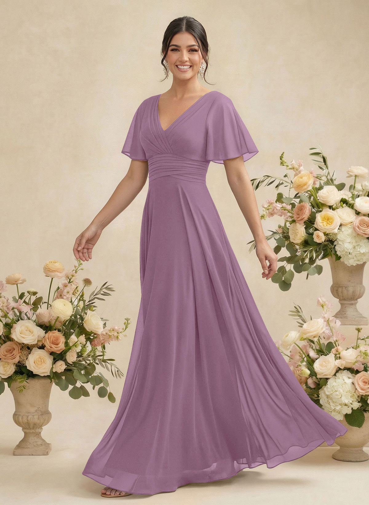 V-Neck Chiffon Bridesmaid Dresses With Short Sleeves, product image 111