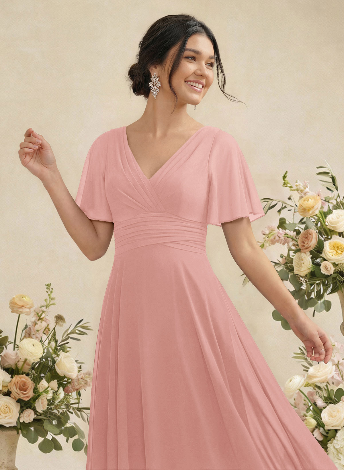 V-Neck Chiffon Bridesmaid Dresses With Short Sleeves, product image 88
