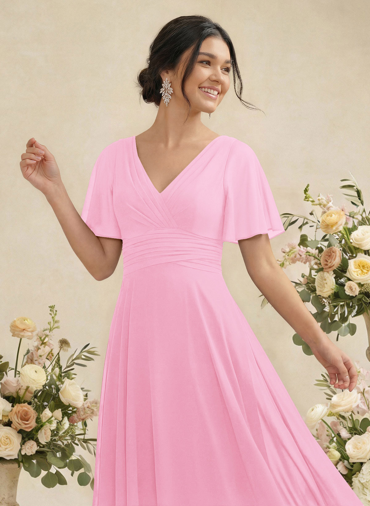 V-Neck Chiffon Bridesmaid Dresses With Short Sleeves, product image 104