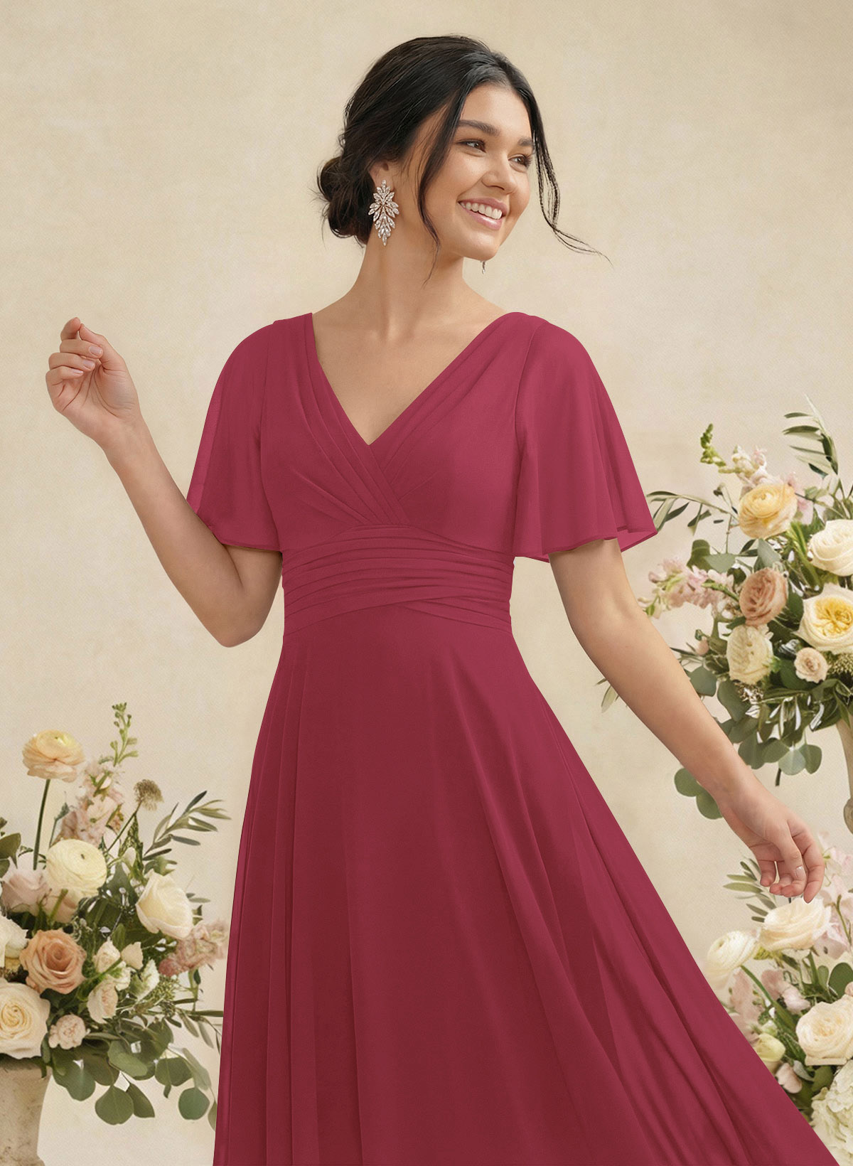 V-Neck Chiffon Bridesmaid Dresses With Short Sleeves, product image 60