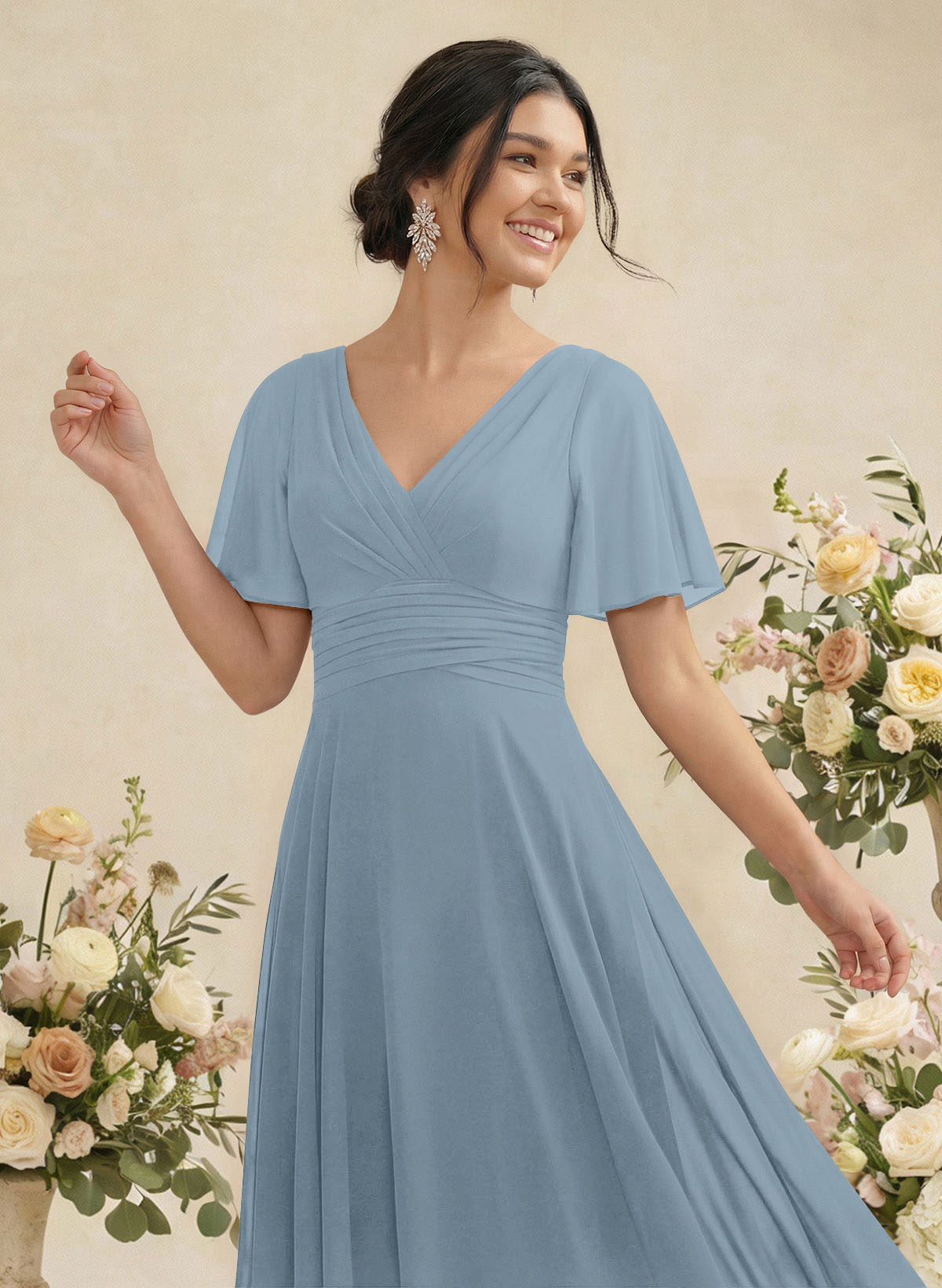 V-Neck Chiffon Bridesmaid Dresses With Short Sleeves, product image 11