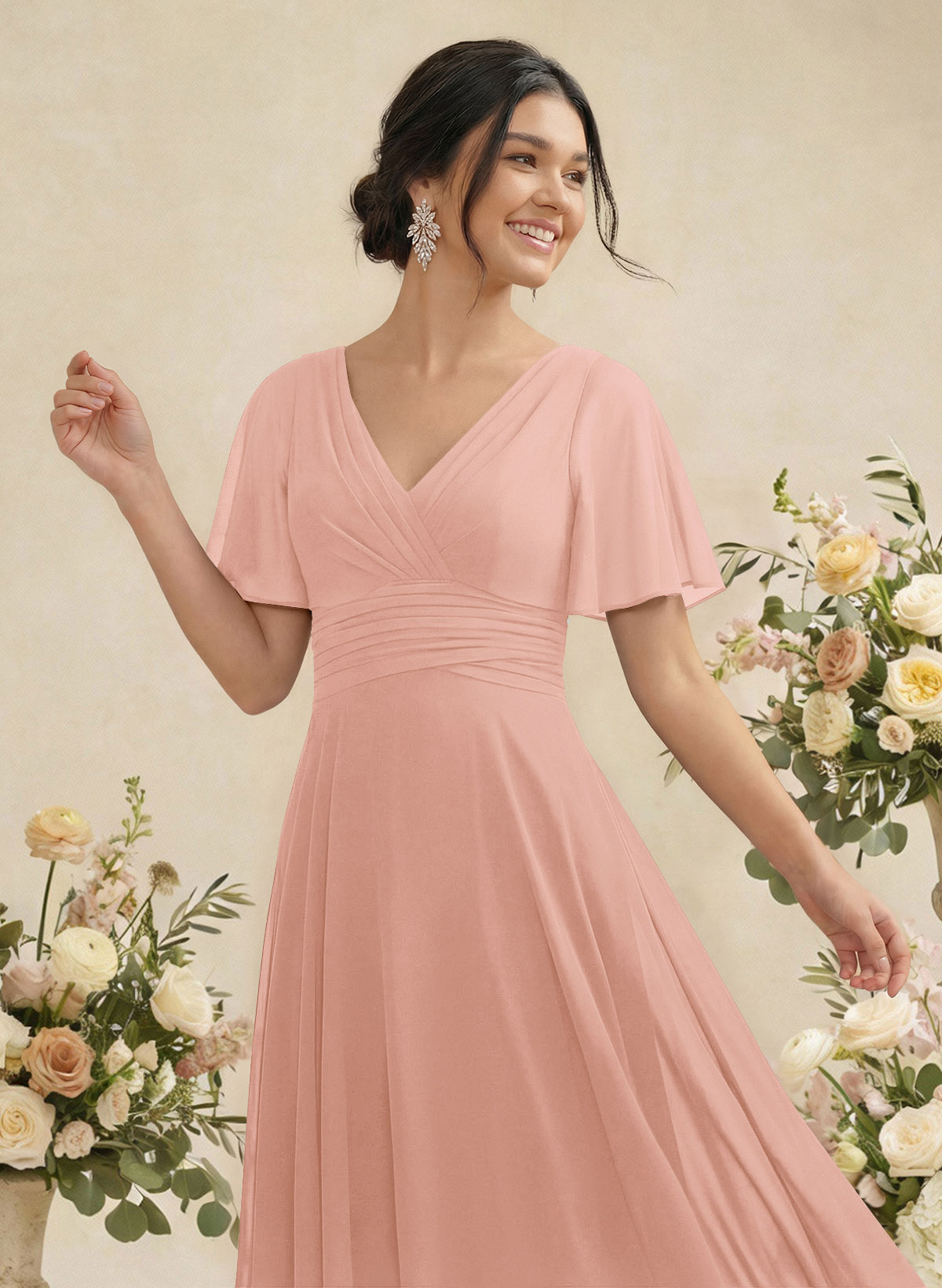V-Neck Chiffon Bridesmaid Dresses With Short Sleeves, product image 80