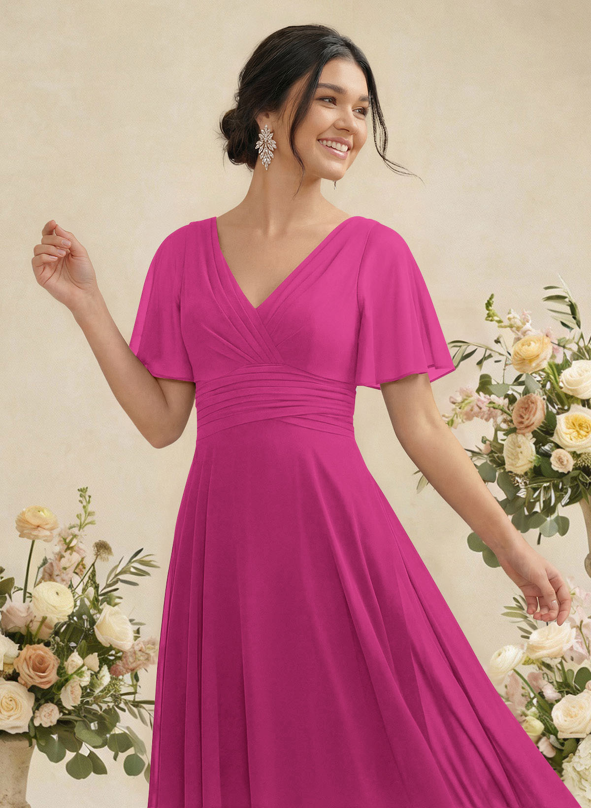 V-Neck Chiffon Bridesmaid Dresses With Short Sleeves, product image 152
