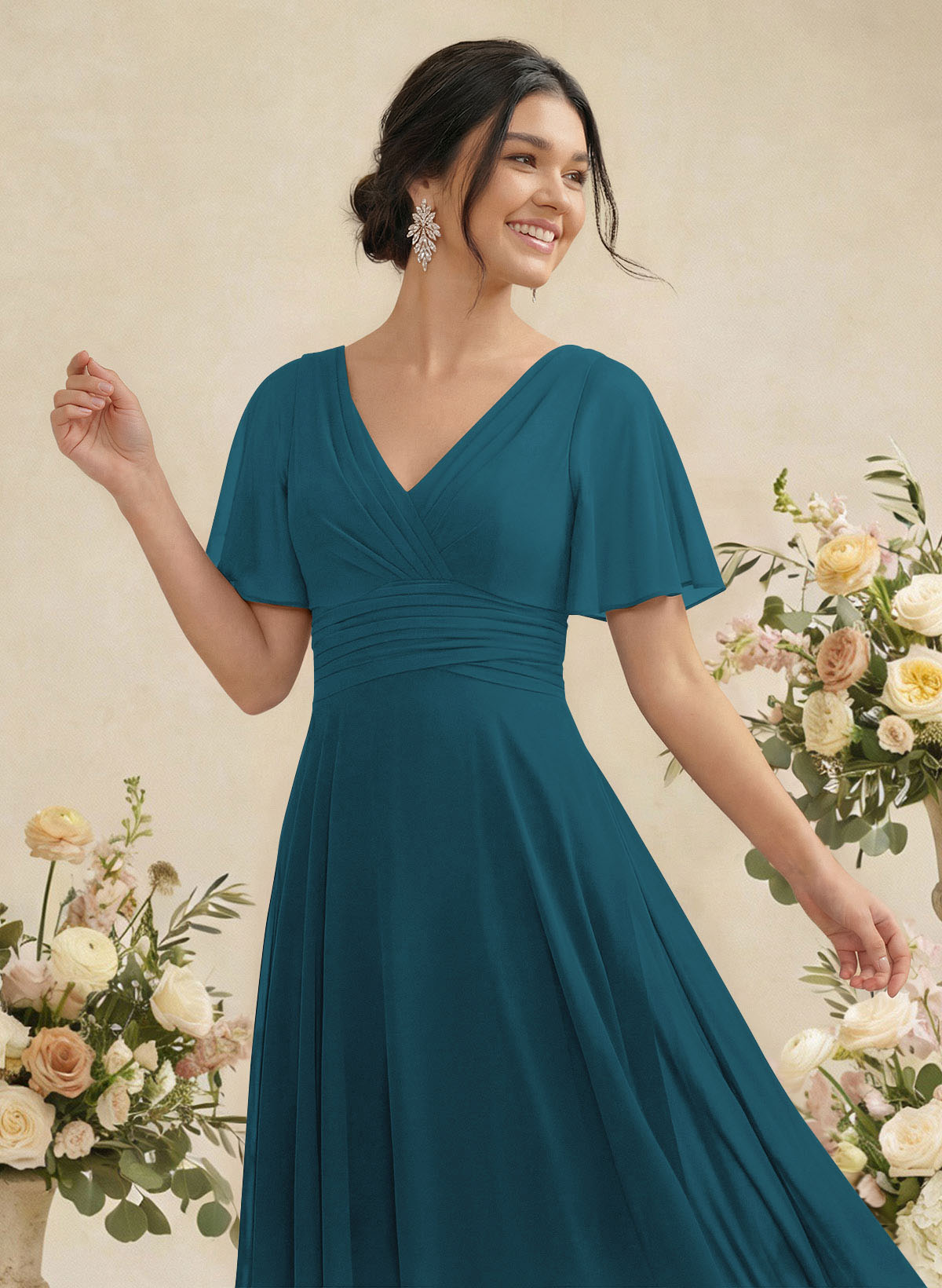 V-Neck Chiffon Bridesmaid Dresses With Short Sleeves, product image 24
