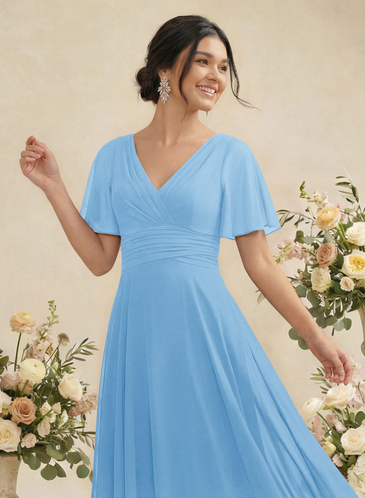 V-Neck Chiffon Bridesmaid Dresses With Short Sleeves, product image 40