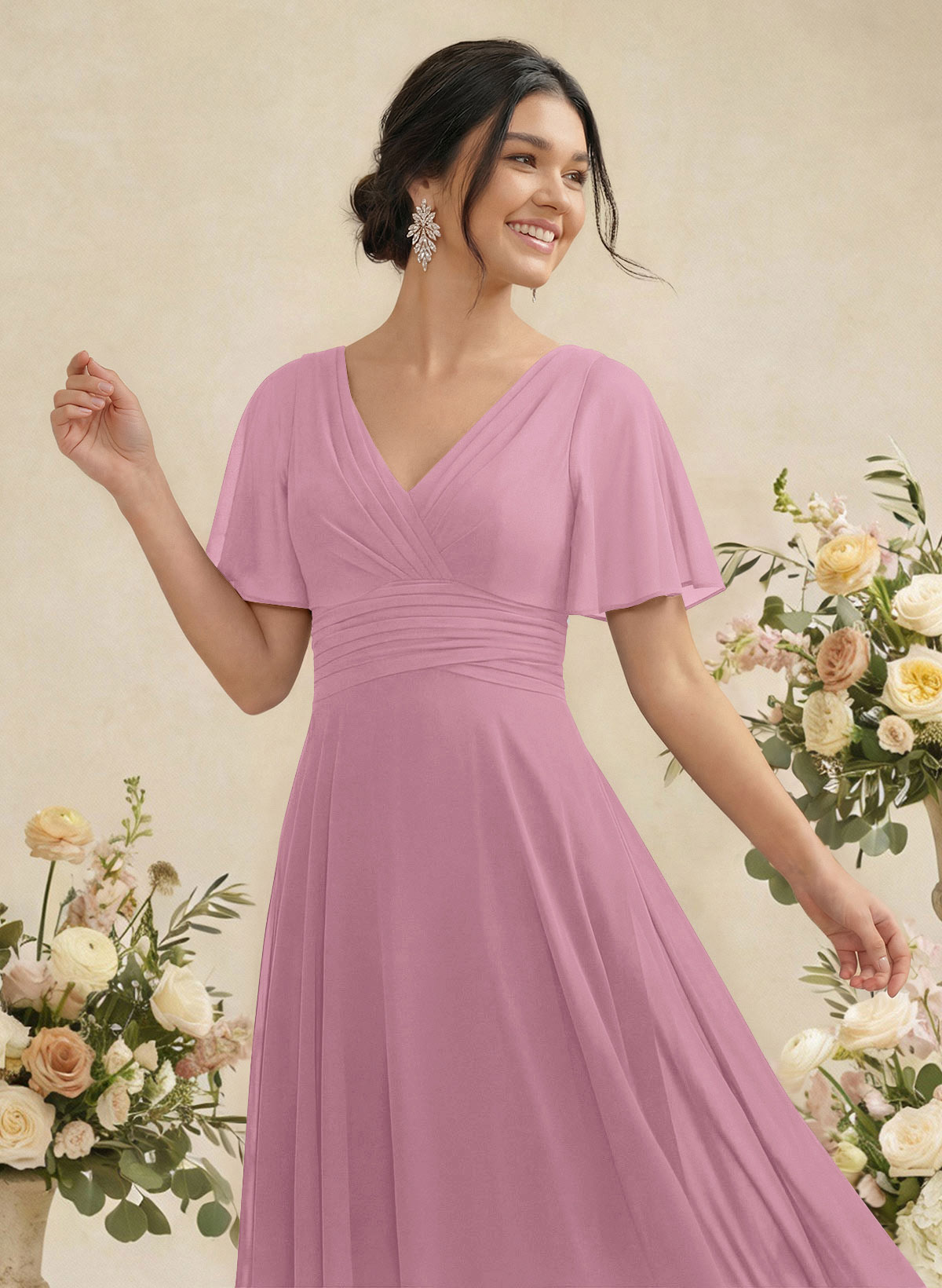 V-Neck Chiffon Bridesmaid Dresses With Short Sleeves, product image 120