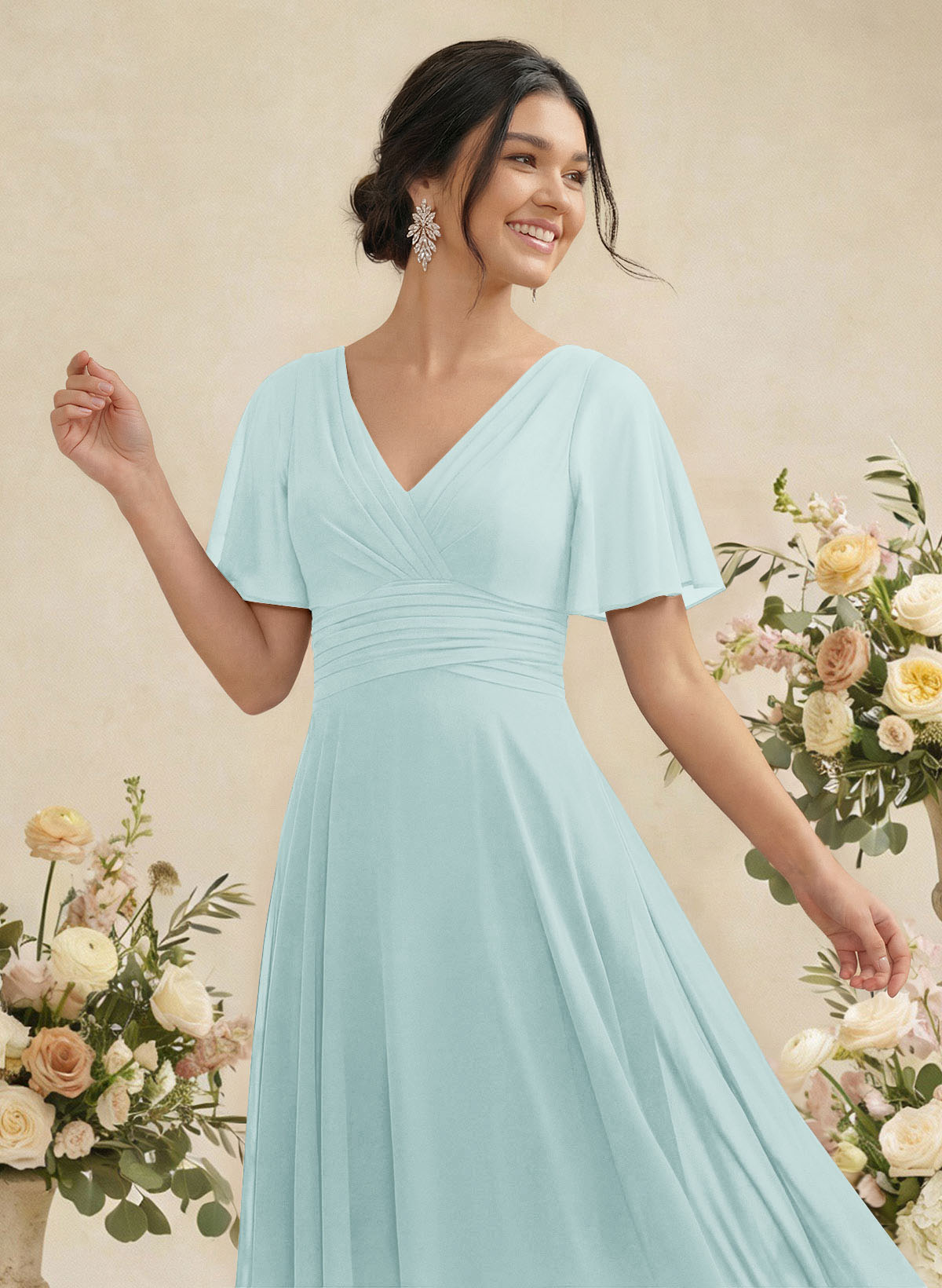 V-Neck Chiffon Bridesmaid Dresses With Short Sleeves, product image 48